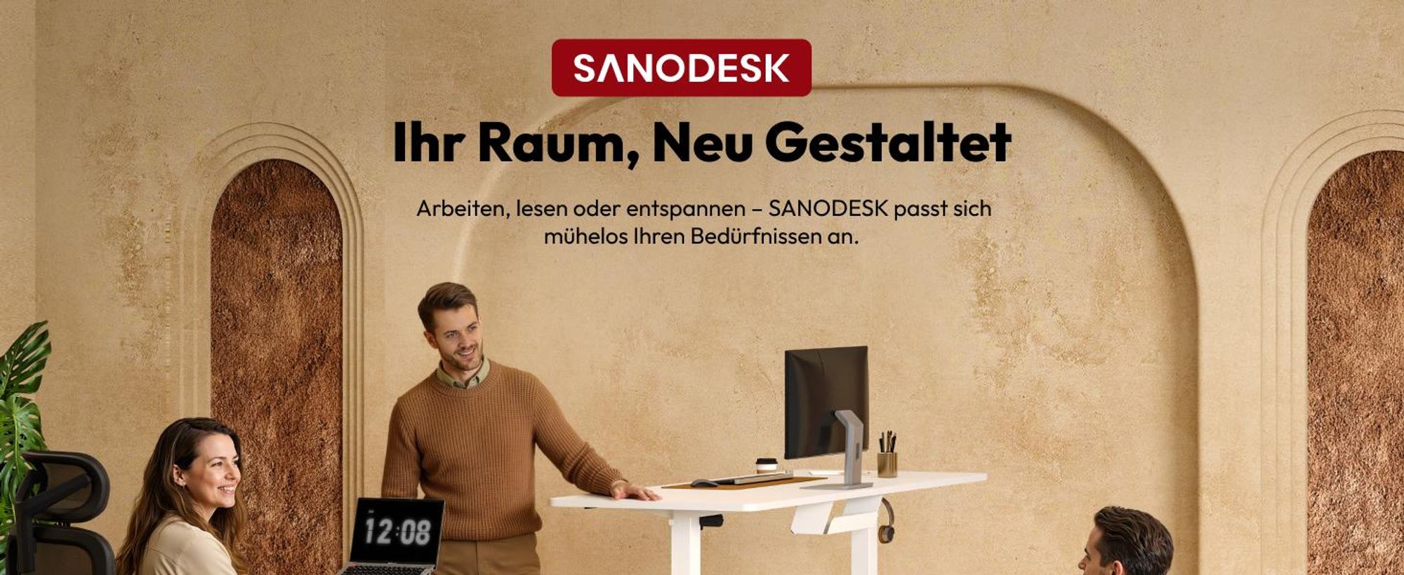 SANODESK QS1 Höhenverstellbarer Schreibtisch, EINTEILIGE TISCHPLATTE, 4 Memory-Funktion, 70 kg Tragkraft, Haken, Kabelmanagement, 110x54cm (Weiß)