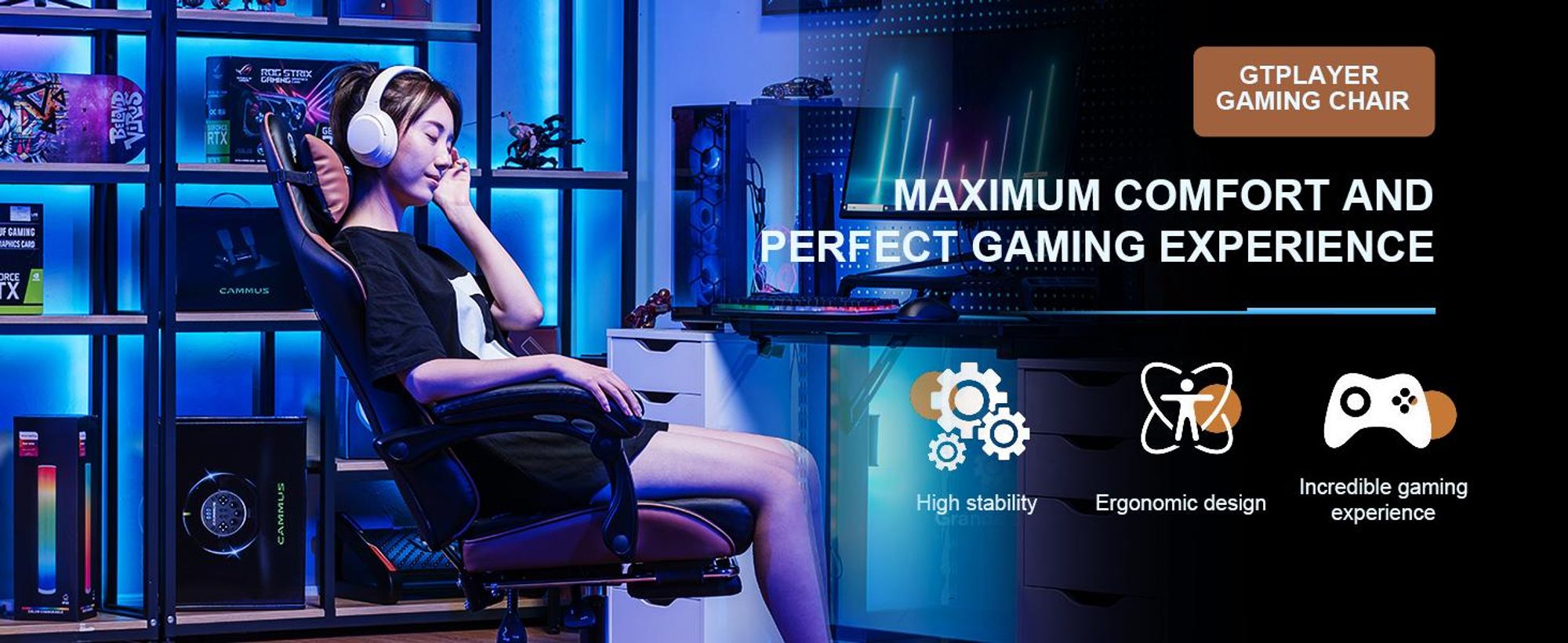 GTPLAYER Herná stolička Gamer Chair, ergonomická kancelárska stolička s podnožkou, herné kreslo s nosnosťou 150 kg, opierkou hlavy a bedrovou opierkou hnedá