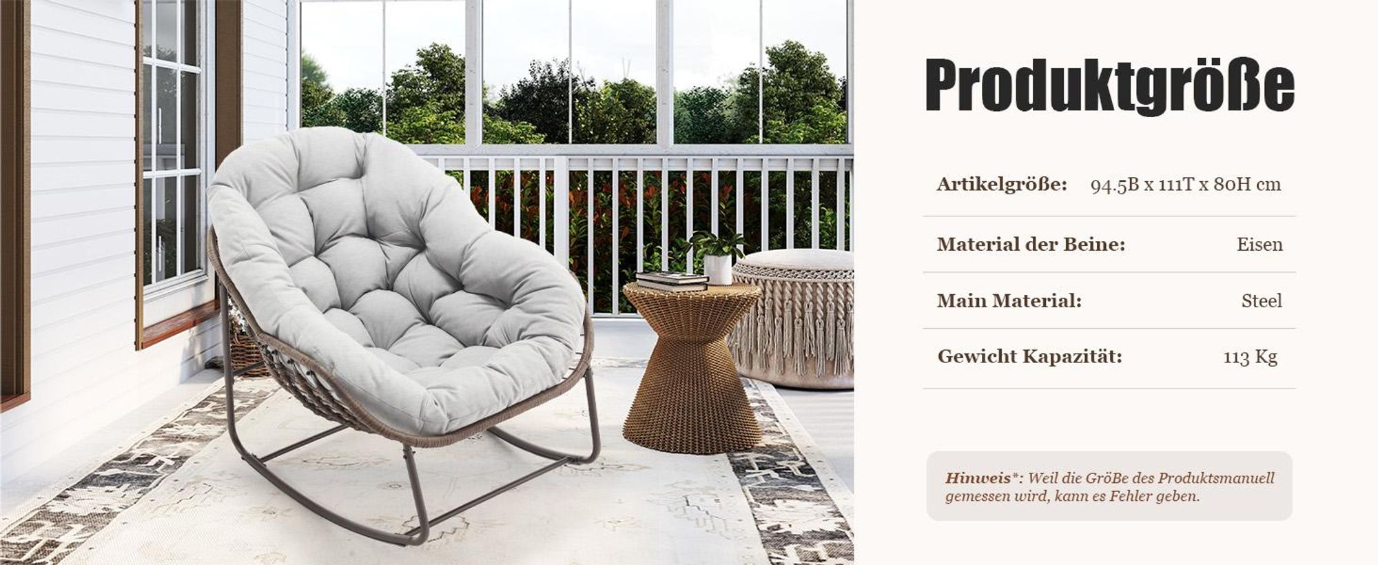 LVHOM Schaukelsessel Garten mit gepolstertem Kissen, Rattanstuhl mit Stahlrahmen, Schaukelstuhl Outdoor Loungesessel, Sessel für Balkon, Hellgrau