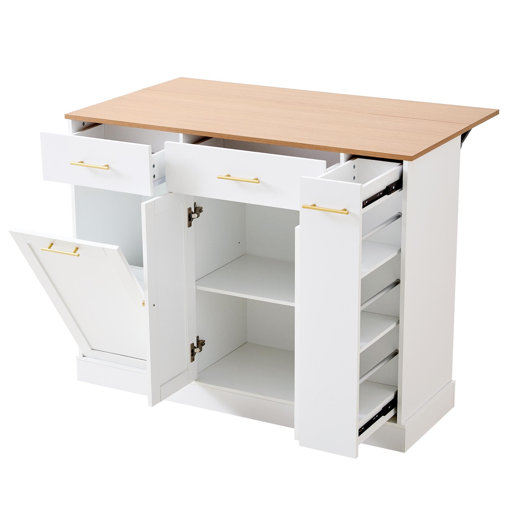 Flieks Kücheninsel mit Arbeitsplatte und Schubladen, Küchenschrank mit Mülleimerfach, Seitenregal und großem Stauraum, 120*70*91.5cm, Weiß+Natur, PB