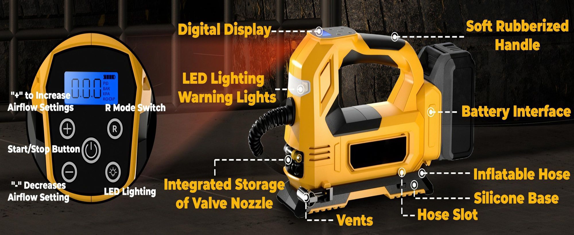 Elektrische Luftpumpe, mit 21V Akku und Ladegerät, 150 PSI, Wiederaufladbare, Tragbarer Akku-Kompressor mit LED-Leuchte und Digitalem Manometer，Gelb