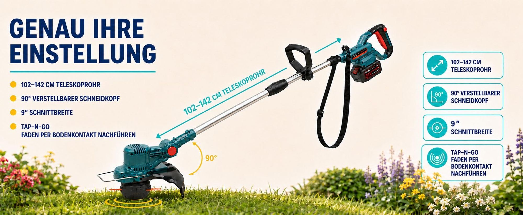 750W Akku Rasentrimmer mit 2× 4000mAh Akku 21V, Bürstenloser Motor Rasentrimmer mit Unkrautbürste, Freischneider mit Akkus & Ladegerät