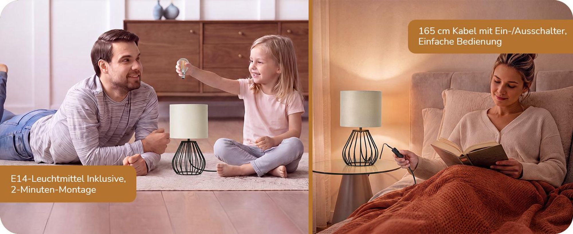 EDISHINE Nachttischlampe, Champagner-Samt-Lampenschirm, inklusive 4W LED E14-Fassung, 2700K Warmweiß, schwarzer Metallsockel im Tropfen-Design