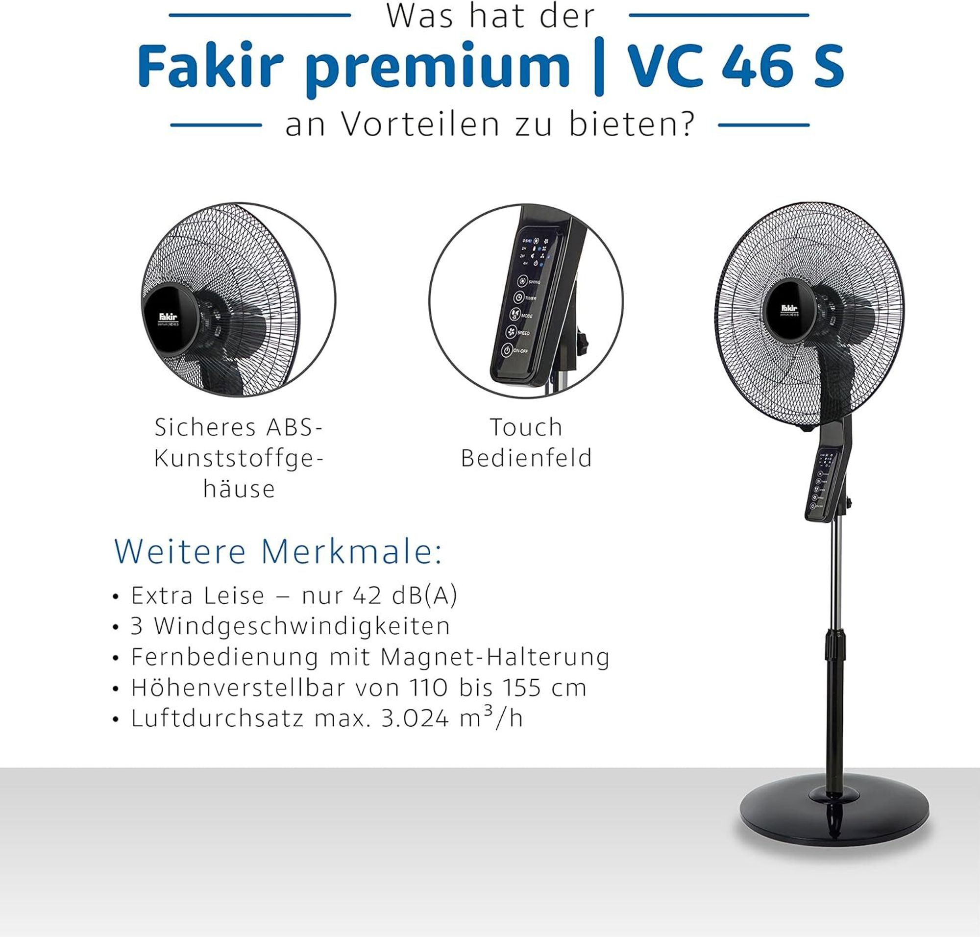 Fakir VC 46 S premium Standventilator, 45 cm Ø, extra leise, Oszillation, verstellbar, Fernbedienung, Touch-Steuerung