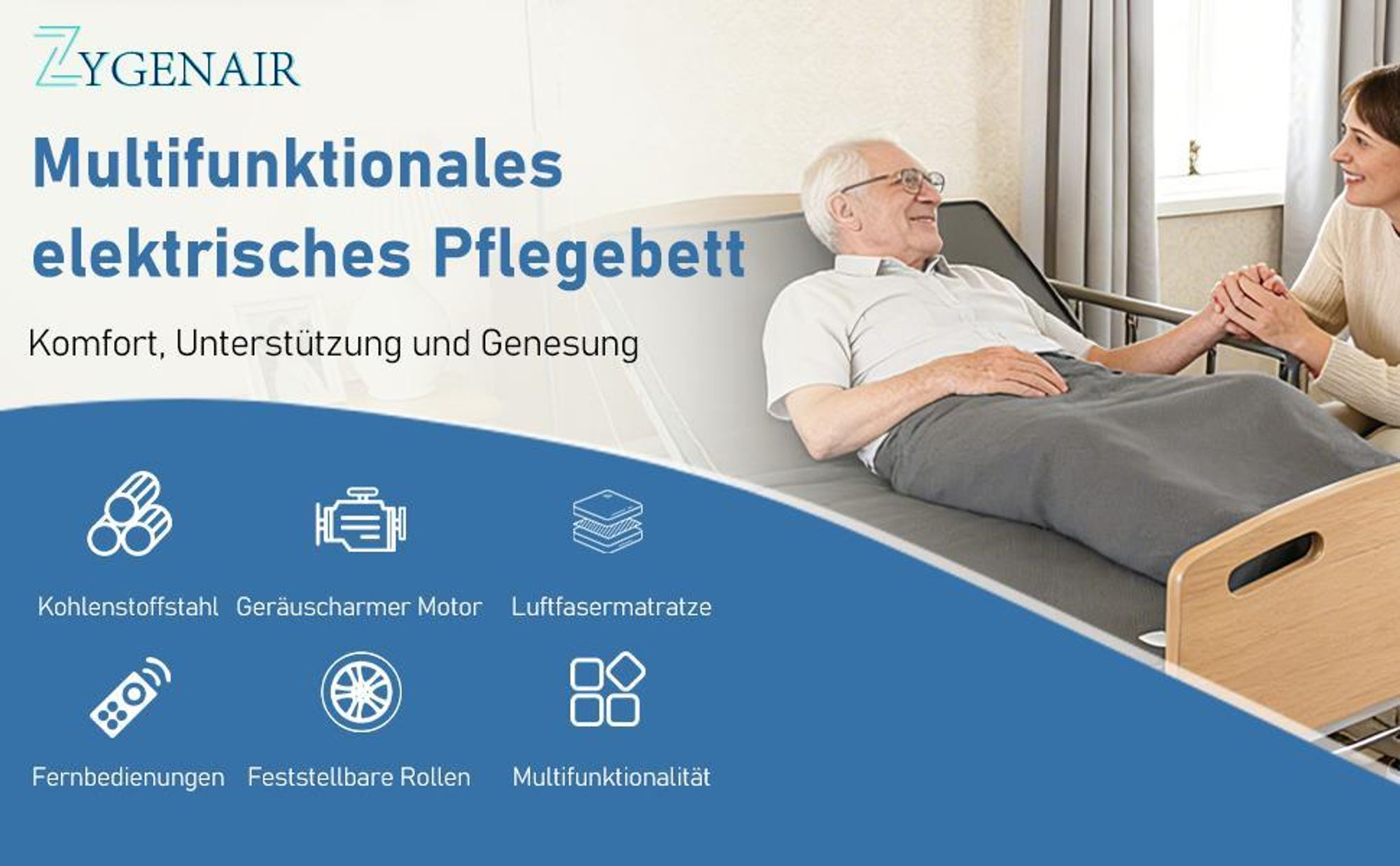 Elektrisches Pflegebett 4 Funktionen, höhenverstellbares Krankenbett 29–60 cm mit Matratze, Seitengitter, Tischplatte, Infusionsständer, 205 kg