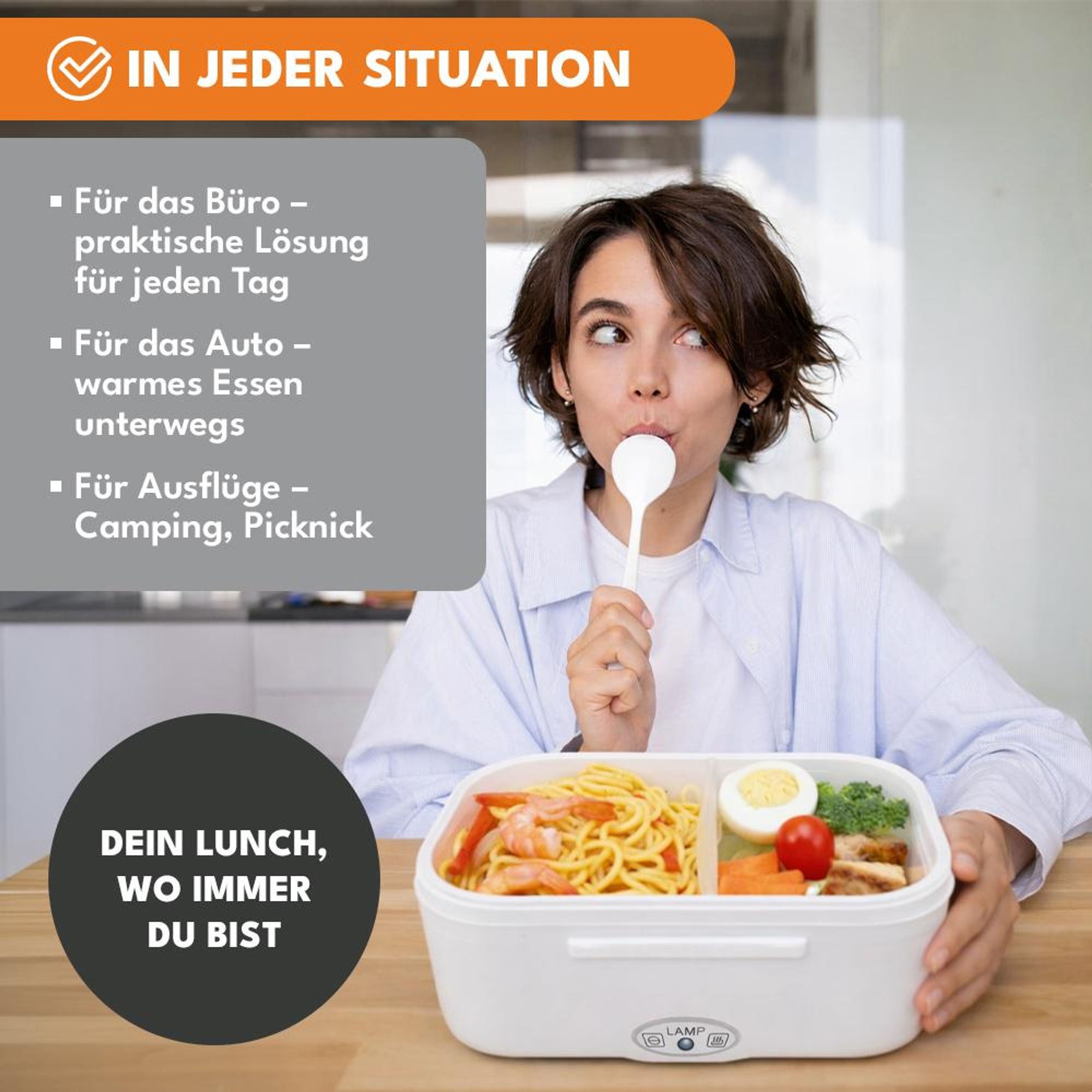 KRUMAD Elektrische Lunchbox 1,05L, 12V/24V/230V Food Warmer mit 2 Fächern, Schnellaufwärmen für Büro, Auto, Arbeit, USB-Aufladung, Kompakt & Praktisch