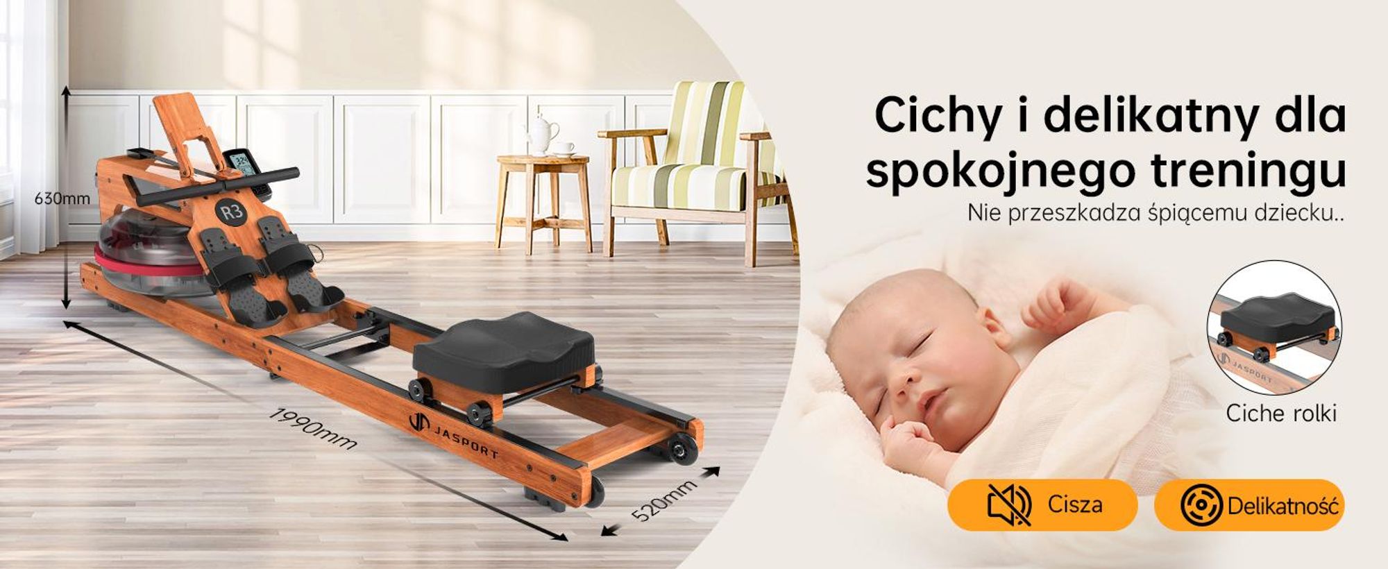 JASPORT R3 składany wioślarz z certyfikowanego drewna dębowego z oporem wodnym, Bluetooth, LCD, Kinomap, 28 l, do 150 kg – Cherry
