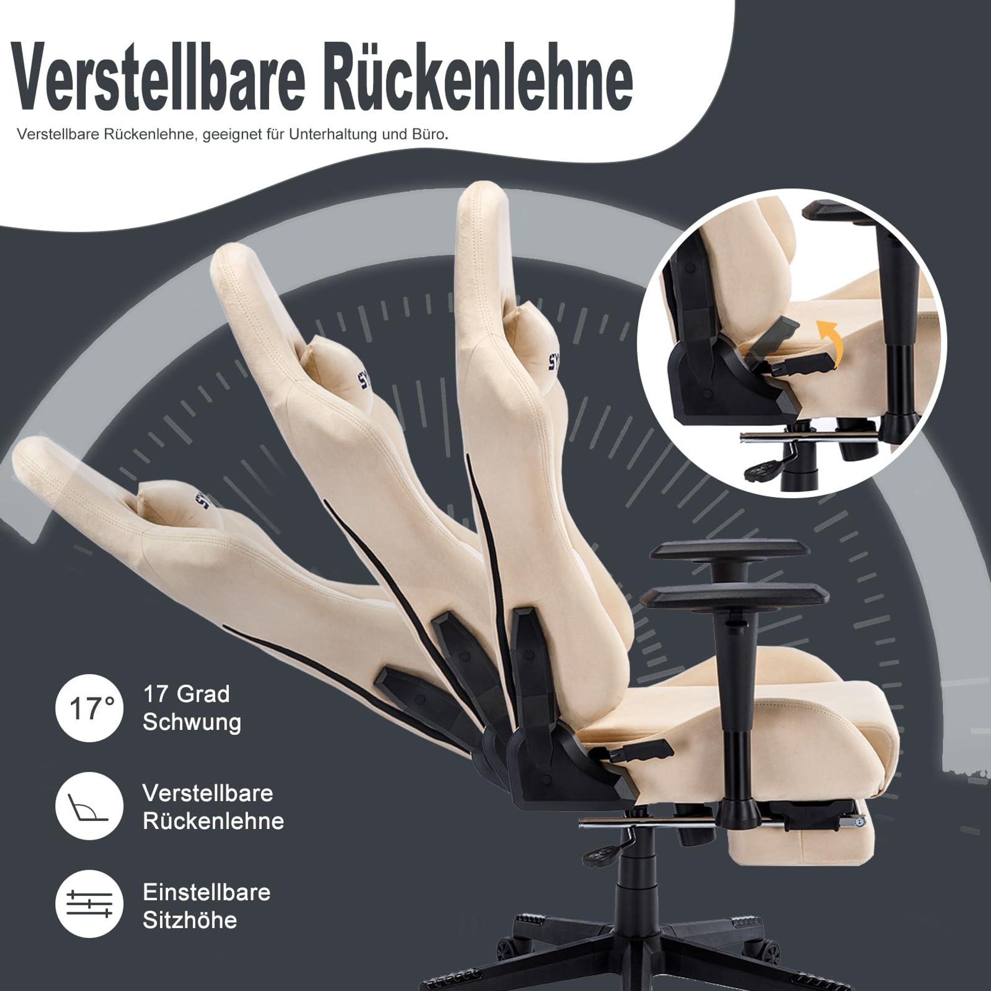Beiger Gaming-Stuhl mit verstellbarer Rückenlehne und Sitzhöhe