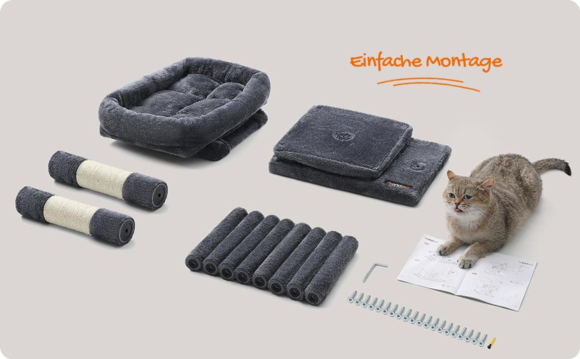 Feandrea Kratzbaum, 74 cm Katzenbaum, M, Katzenhaus für mittelgroße Katzen bis zu 5 kg, große Plattform, 2 Katzenhöhlen, Sisalstämme, rauchgrau PCT612G01