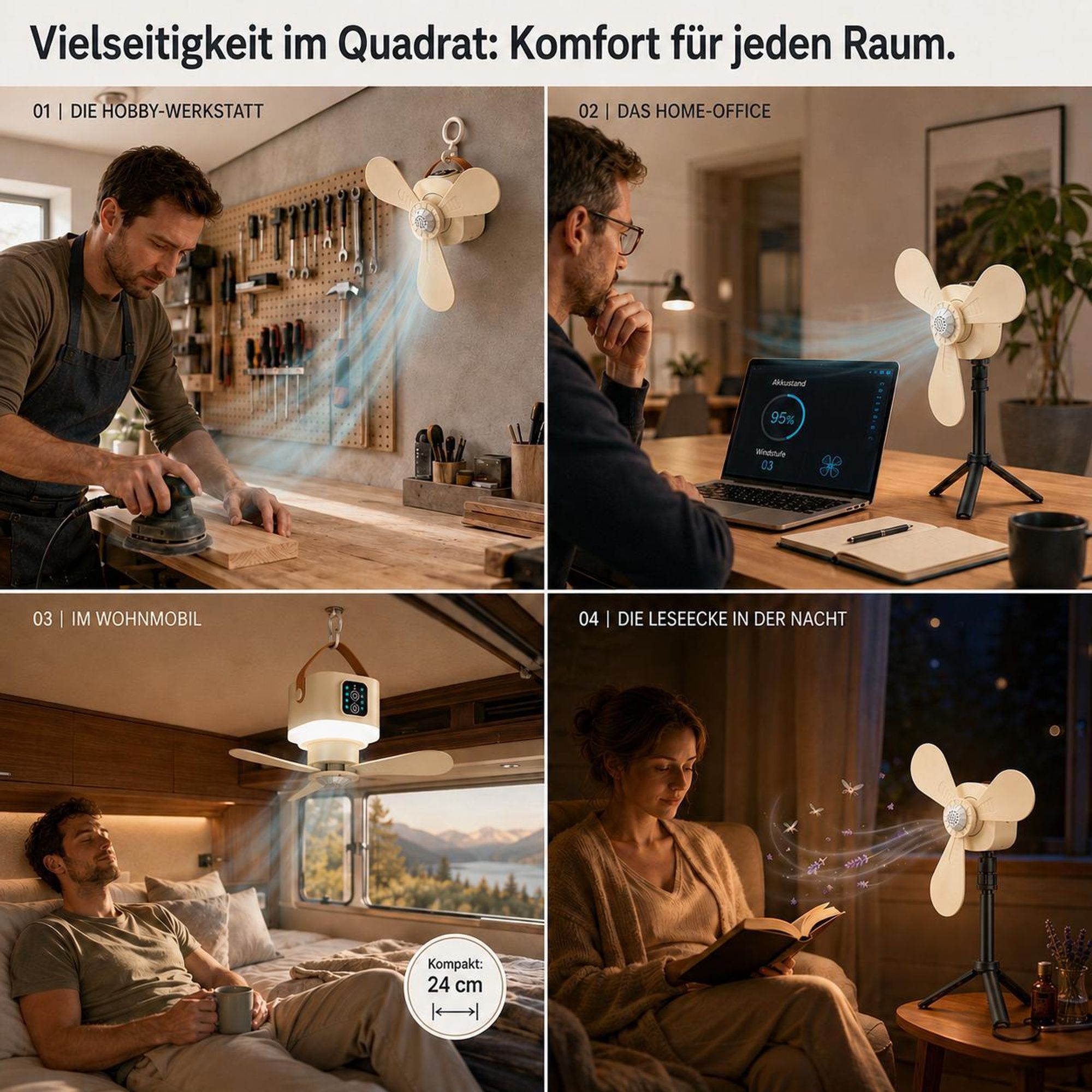 Ø24cm Camping Ventilator mit Licht, Akku 7200mAh, Touch-Stop Sicherheit, USB-C, Fernbedienung & Timer, 3-in-1 Hängeventilator für Zelt Wohnmobil