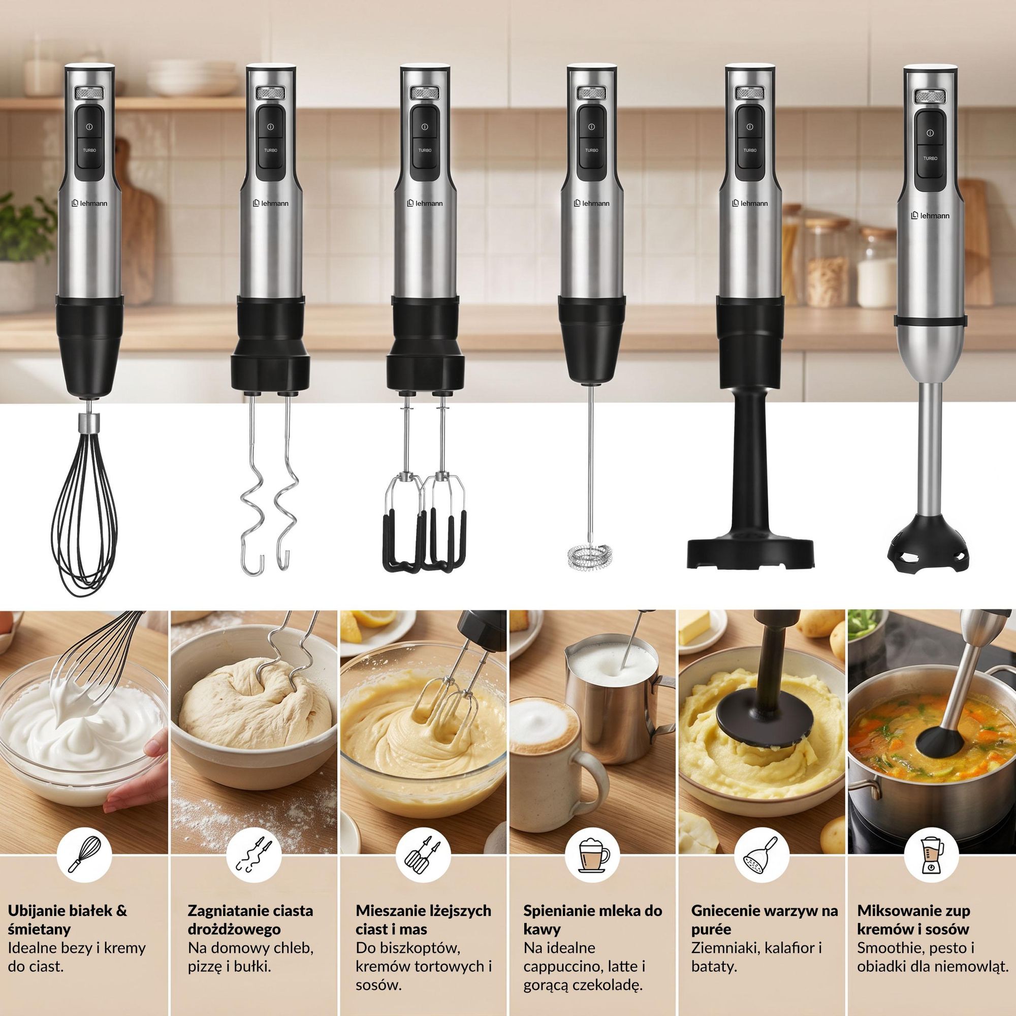 Blender ręczny LEHMANN SELECTO DELUXE mikser, rozdrabniacz, siekacz z zestawem tarek, 2000W, duży zestaw
