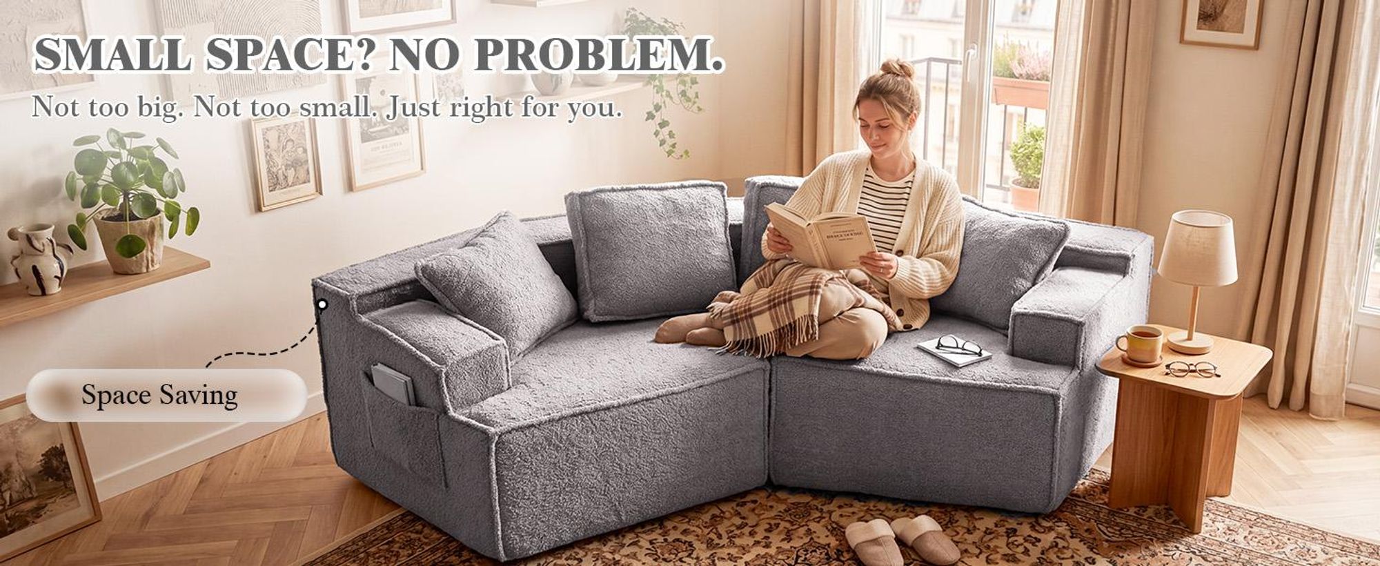 COMHOMA Sofa, 2-zits, 228 x 75 x 67 cm, modulaire slaapbank, gestoffeerde bank, met opbergzak, bank met slaapfunctie, geen montage nodig