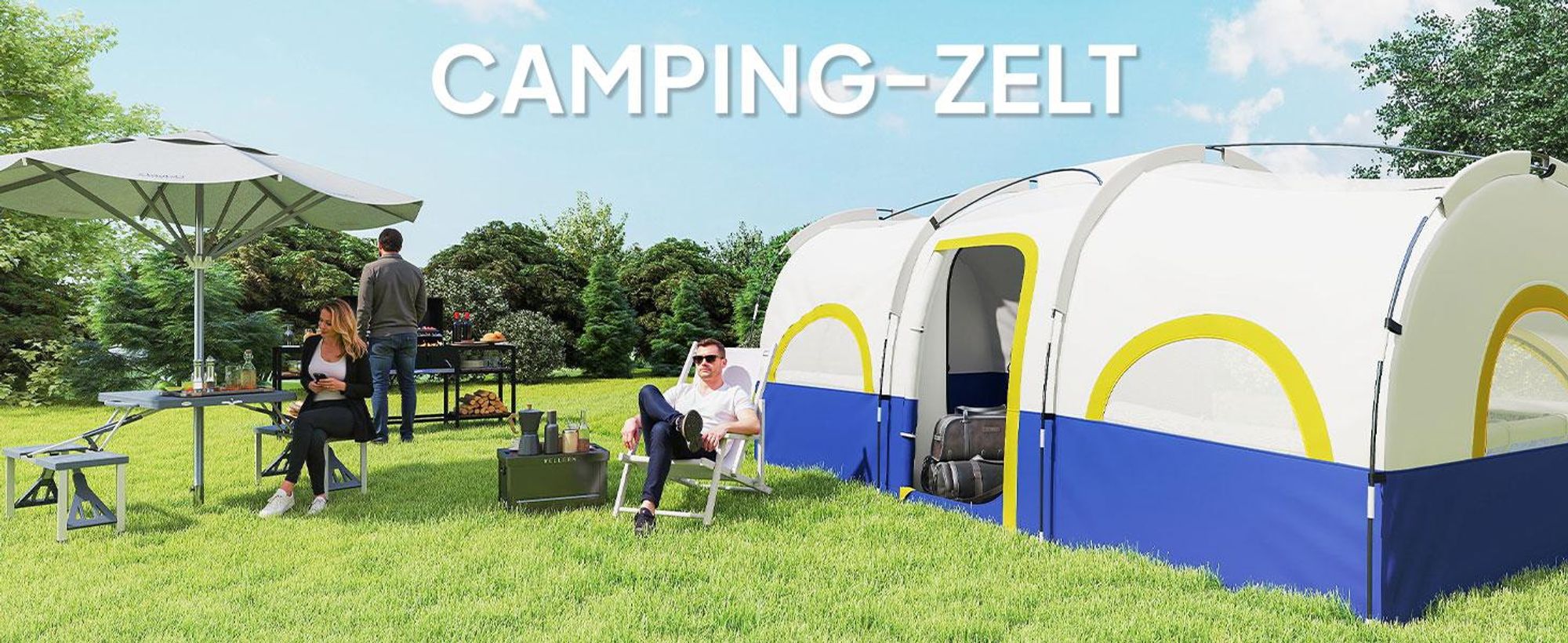 Outsunny Tunnelzelt Wetterfest Campingzelt für 4 Personen mit 3 Raum Meshfenster