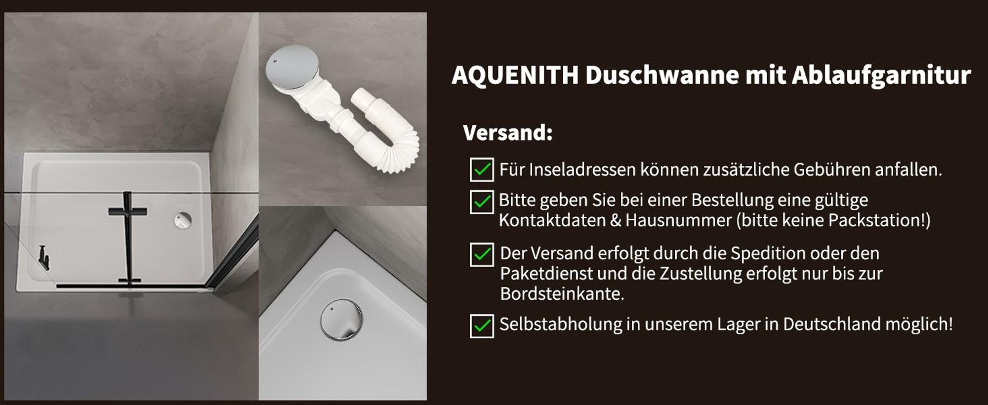 AQUENITH Duschwanne 70x100cm Duschtasse Komplett Set Extra Flach Eckig Acryl Weiß Dusche Acrylwanne für Duschabtrennung Duschkabine, inkl. Ablaufgarnitur