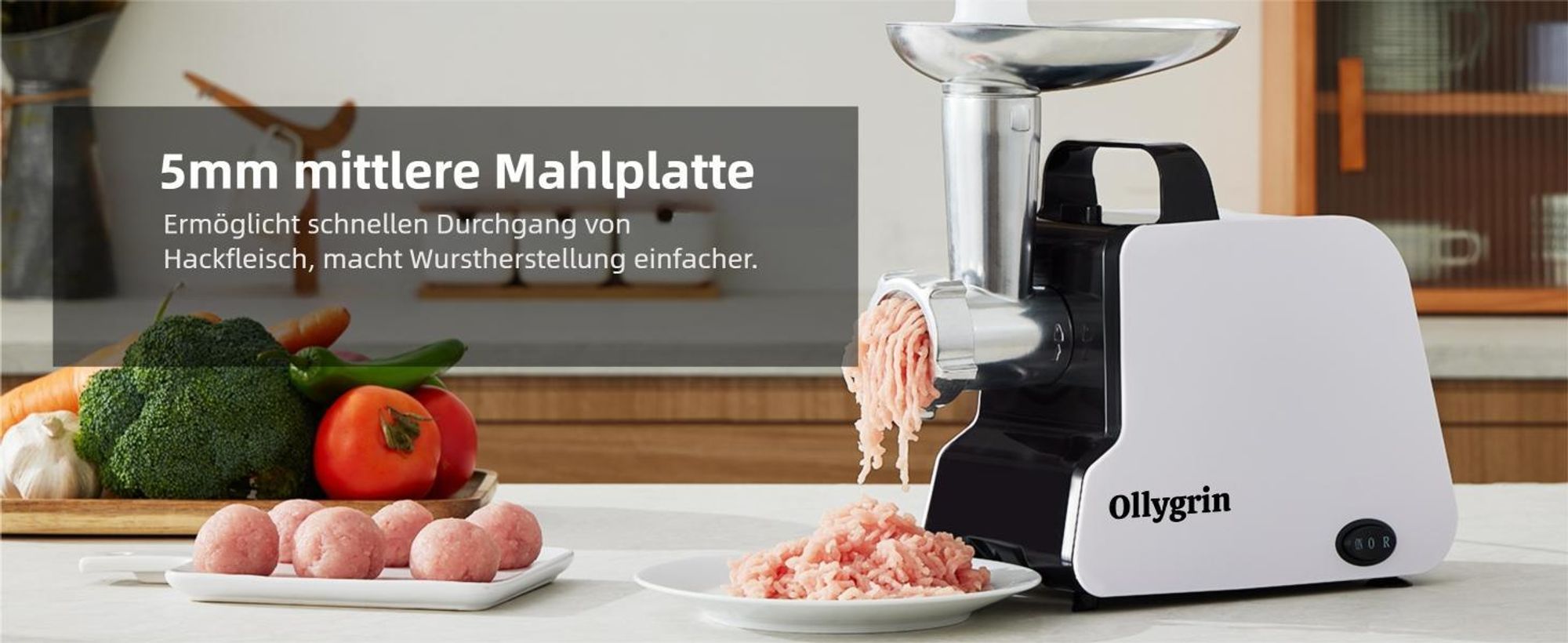 Ollygrin Profi Elektrischer Fleischwolf 2300W Max, Fleischwolf Edelstahl mit 3 Lochscheiben & 2 Klingen, Wurstfüller & Kebbe Maker für die Küche
