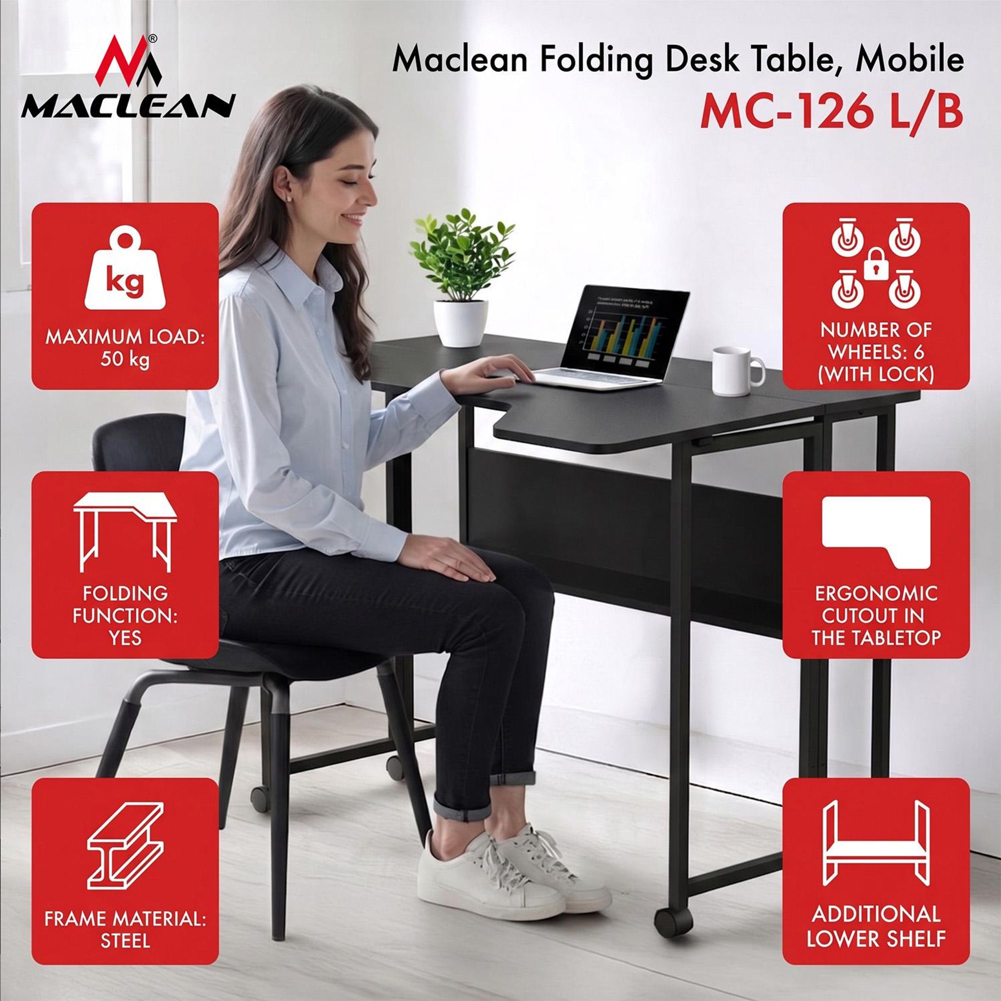 Klappschreibtisch / Beistelltisch Maclean schwarz fahrbar 100 x 73 cm max. 50 kg eckig L-Form MC-126 L/B