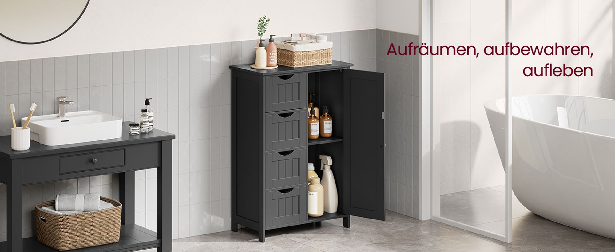 VASAGLE Badezimmerschrank, schmaler Badschrank, Beistellschrank, Kommode, mit 4 Schubladen, Schranktür, verstellbare Ablage