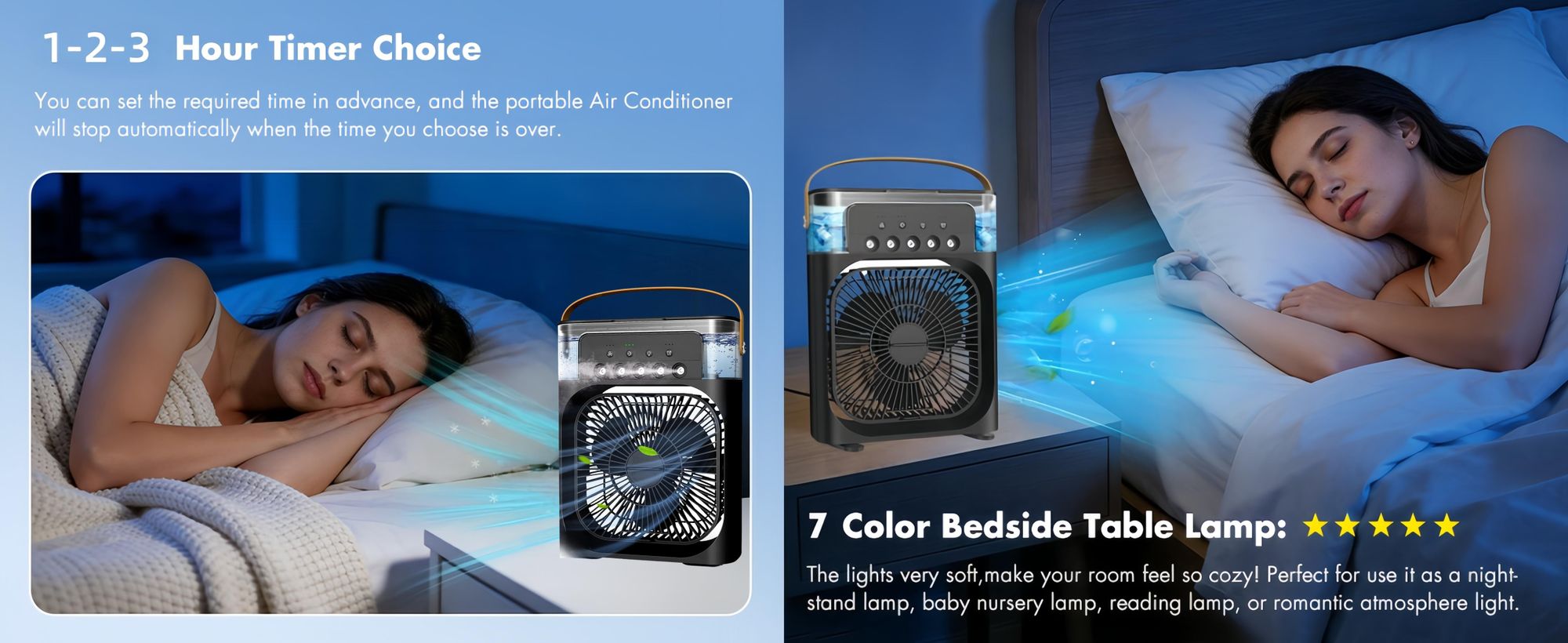 4 in 1 Tragbare Klimaanlagen,Ventilator,3 Geschwindigkeiten,5 Sprüharten,Timer,Luftbefeuchter mit 600ml-Wassertank,USB-Ladefunktion Luftkühler,leiser
