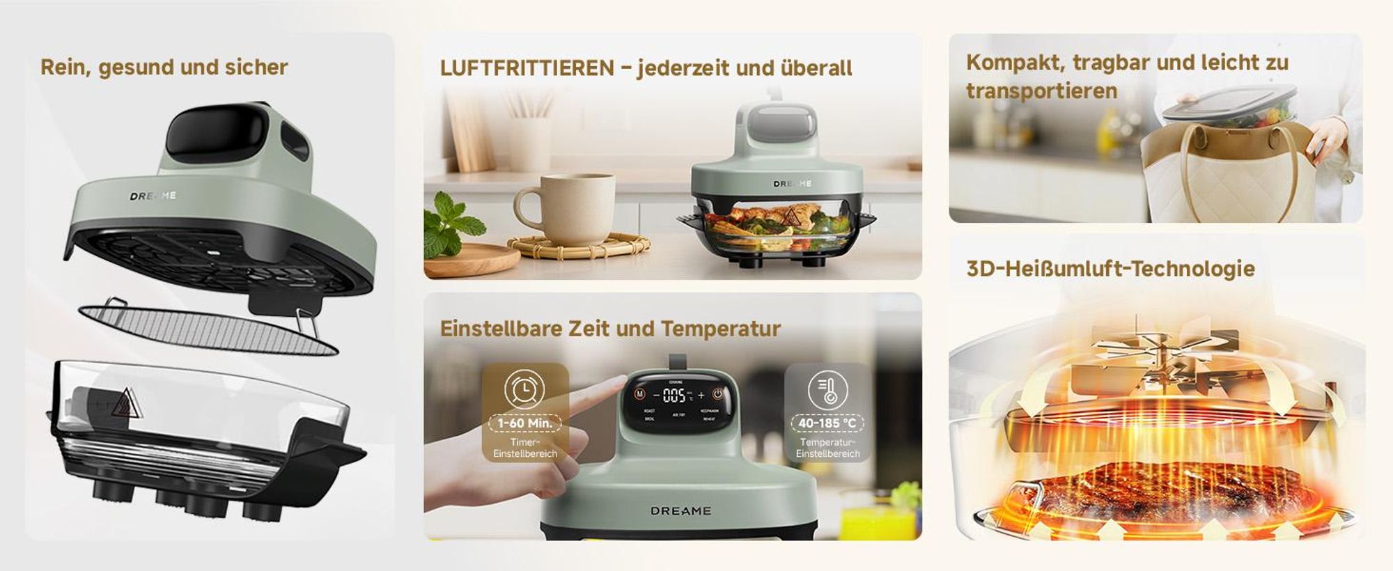 Dreame Tasti AirFryer 5-in-1 Heißluftfritteuse, 6mm starkes,tragbares Borosilikatglas,3D-Heißluftzirkulation,spülmaschinenfest,360° Sicht,2.5l ,Grün