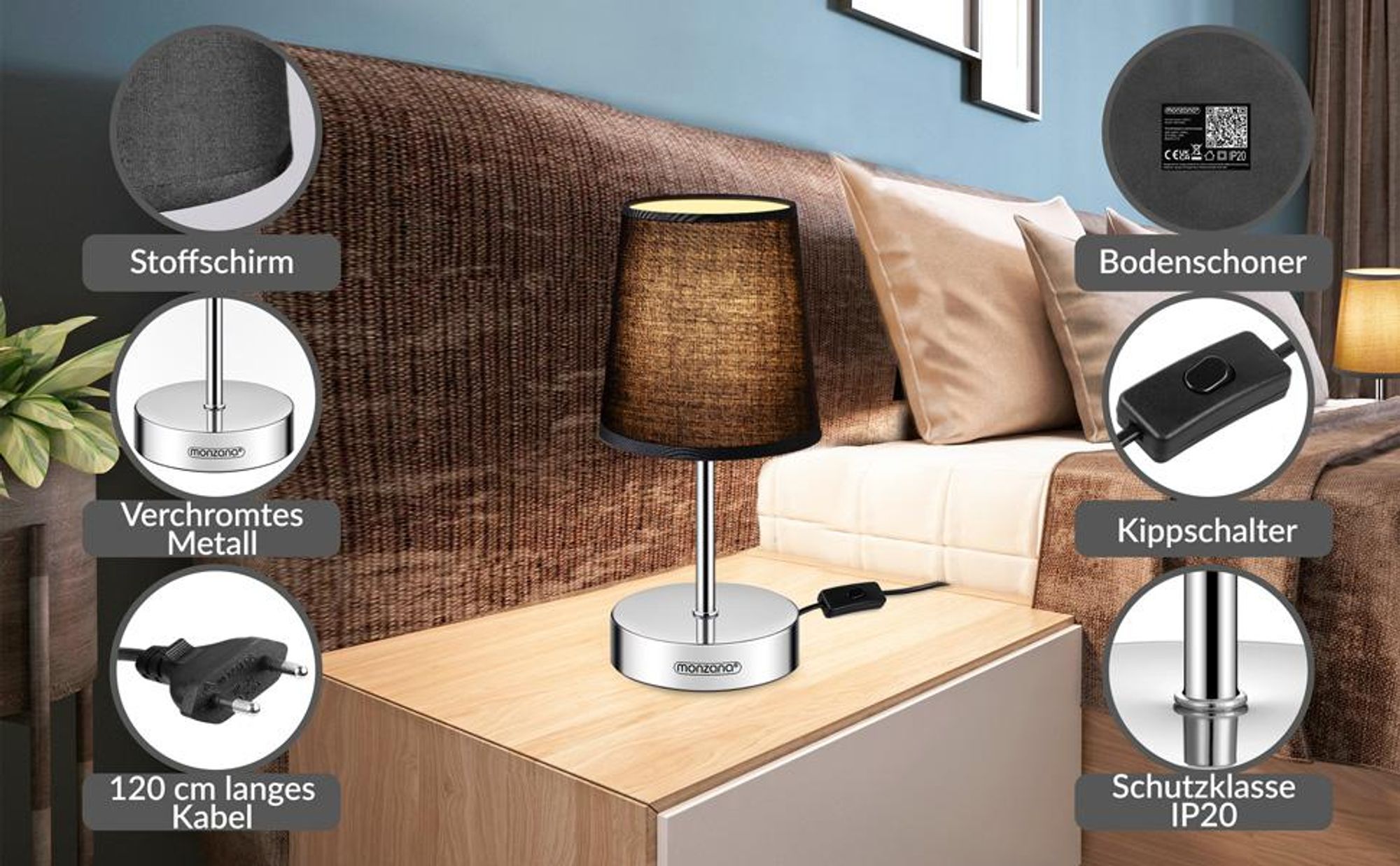 MONZANA Nachttischlampe 2er Set, Tischlampe mit Kabel, 32 cm, Anthrazit