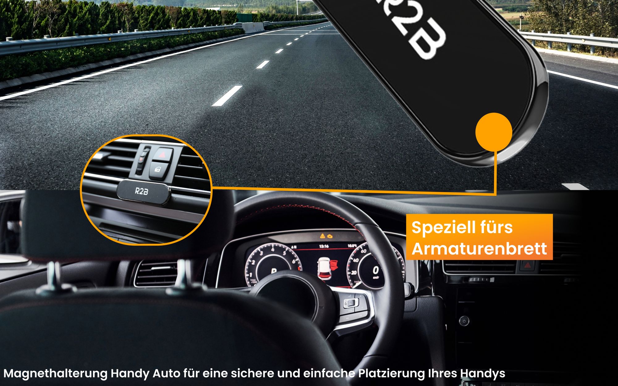 R2B Handy Halterung Auto Magnet - Magnetische Handyhalterung Auto, Mit zwei starken Magnetplättchen, Für Armaturenbrett, KFZ-Halterung