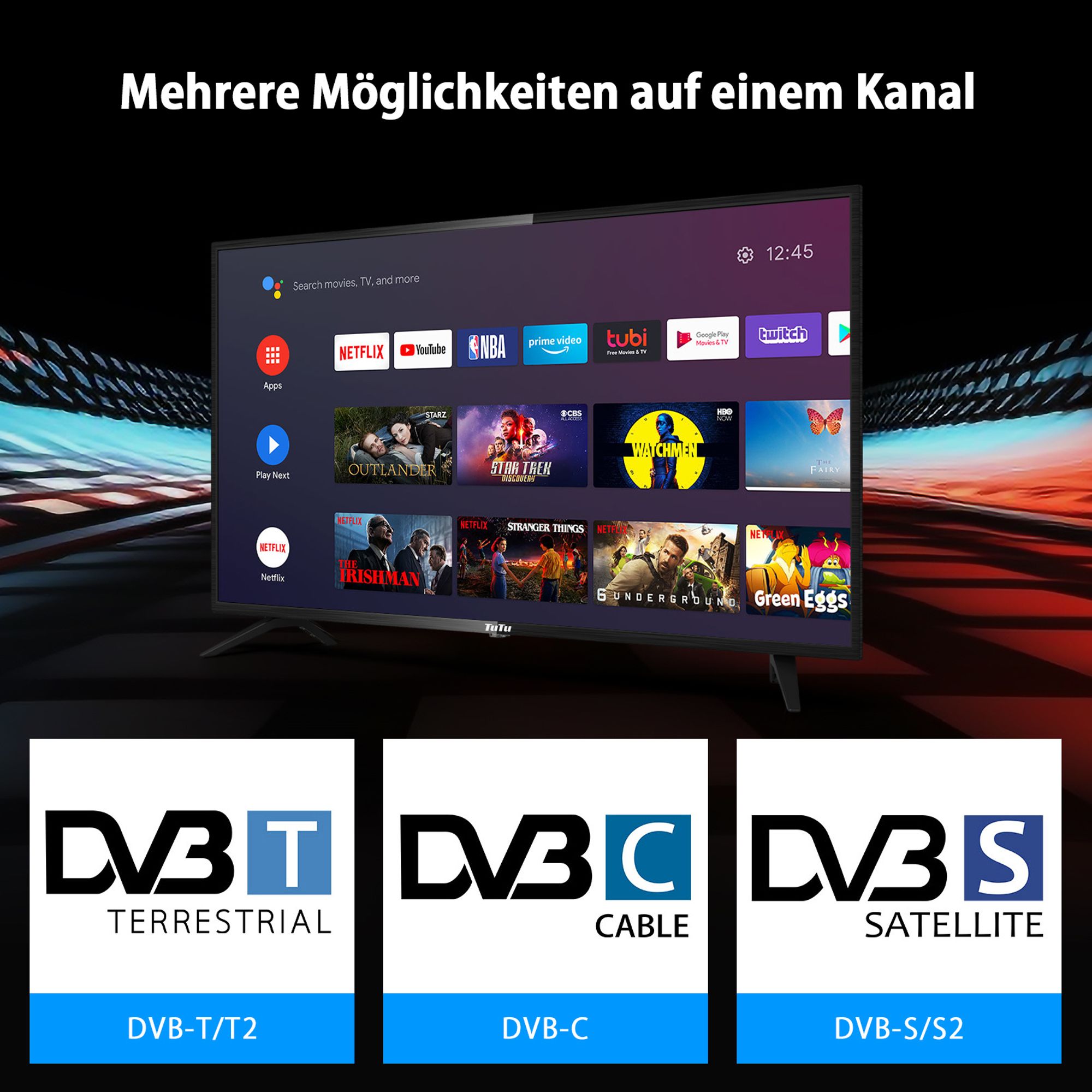 TuTu Android Smart TV - LED 4K UHD - 43 Zoll/110 cm - Randlos Design - Tripple Tuner DVB-T/T2/S/S2/C - HDMI x3, USB x2, CI+ - Sprachsteuerung & Streaming apps - Montiert in Eindhoven, Niederlande - TUS43UQ1A