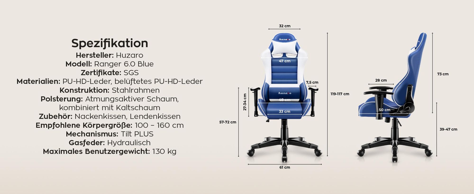 Huzaro Kinder Schreibtischstuhl Ranger 6.0 Gaming Stuhl Racing Sessel Bürostuhl Drehstuhl Gamer bis 130 kg Blau