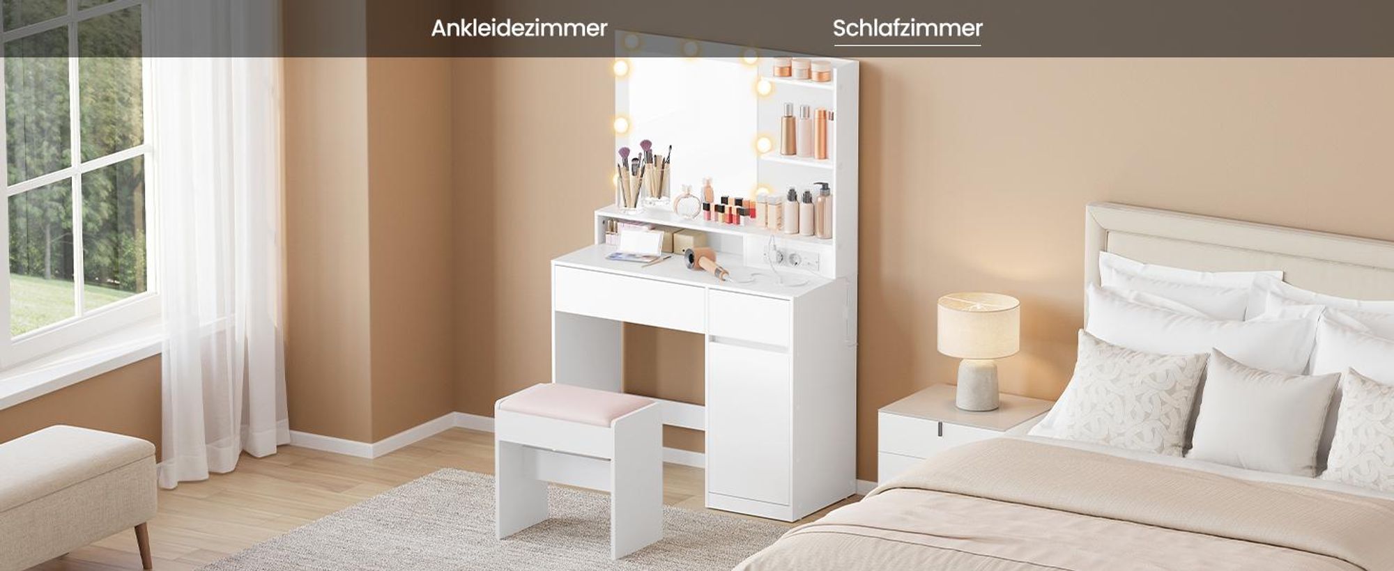VASAGLE Schminkkommode, mit Spiegel und Beleuchtung, Ladestation, 2 Schubladen, werkzeuglose Gleitschienen, weiß
