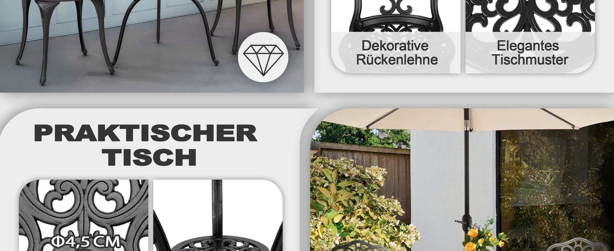 Avestar 3-teiliges Bistro Set aus Aluminiumguss, Gartenmöbel Set, Balkonmöbel, runder Bistrotisch mit 2 Gartenstühlen, Schwarz