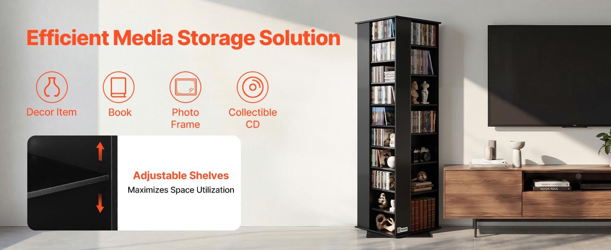 VEVOR DVD-Drehregal mit 34 Fächern, Einstellbares Medienregal Standregal 475 x 475 x 1636 mm, Platzsparendes Aufbewahrungsregal für CDs DVDs Bücher Spiele-Discs, Wohnzimmer Homeoffice, Schwarz