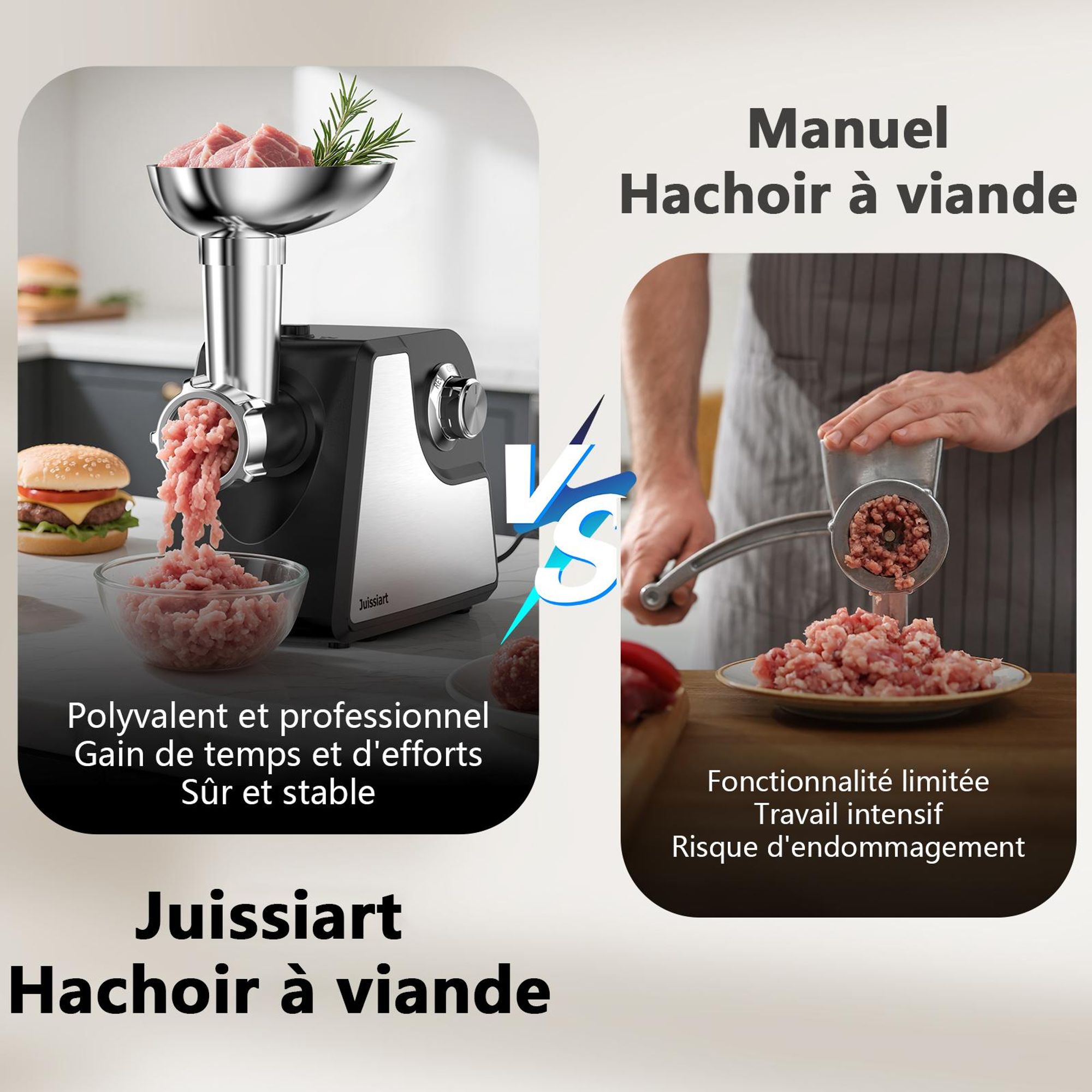 Juissiart MG4150R Hachoir à viande électrique - Puissance 300W Rendement en viande 1.2KG/min Matériau de la lame 420 Acier métallurgique en poudre - Noir