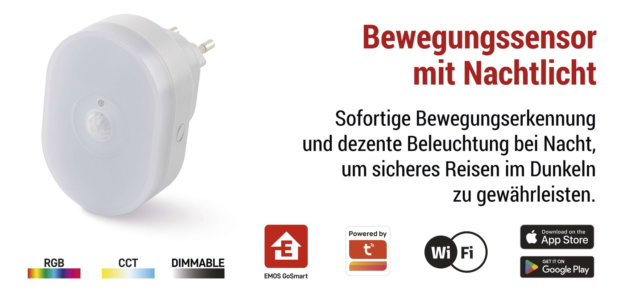 EMOS GoSmart 2in1 Infrarot-Bewegungsmelder und Nachtlicht mit App, WiFi-Bewegungssensor und farbiges Licht, Erkennungsbereich 5m/120°, 230V