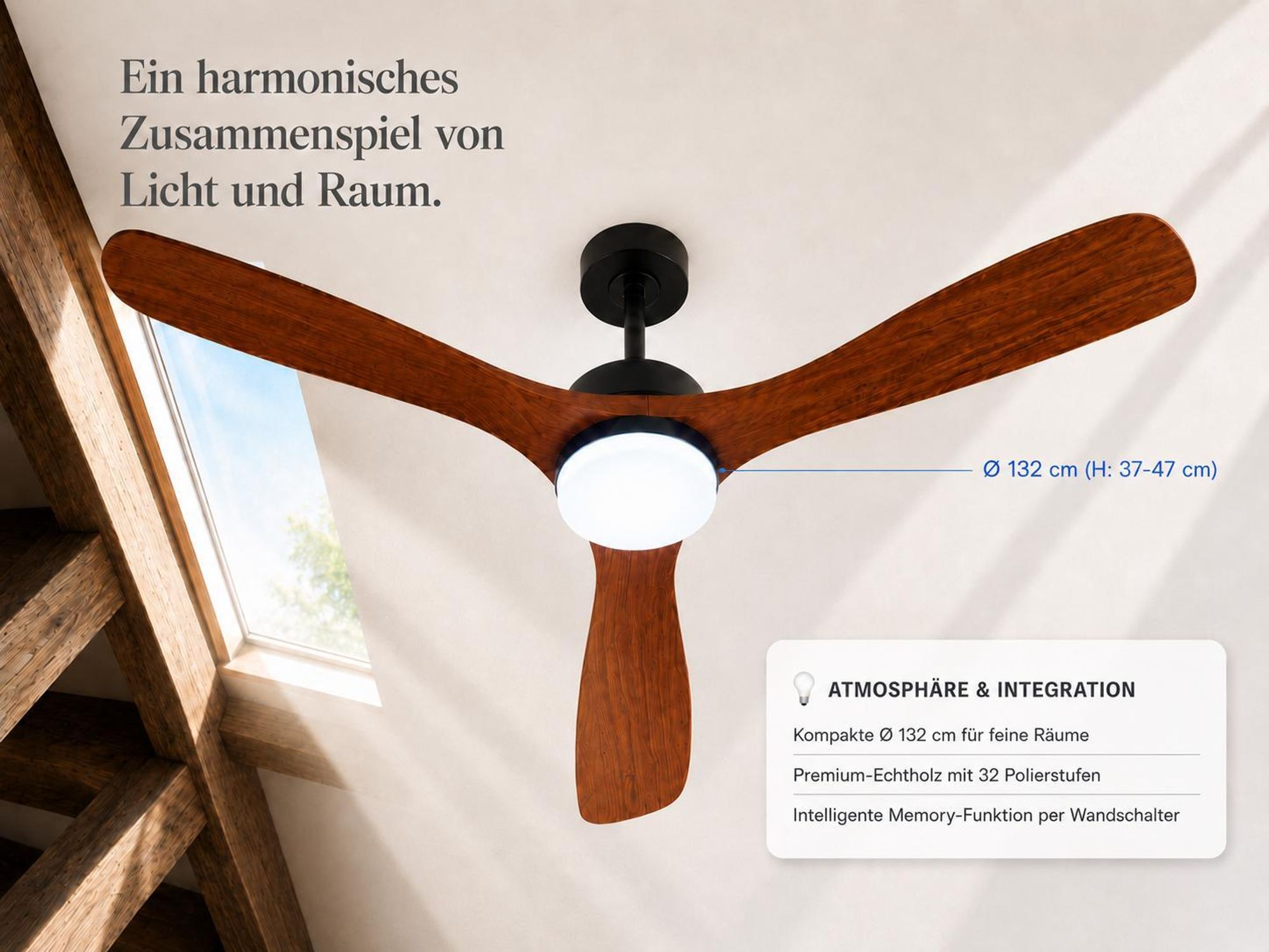 Ø132cm Echtholz Deckenventilator mit Beleuchtung 3 Flügel Ventilator Lampe Decke Smart APP & Fernbedienung 6 Stufen 3 Farben Wohnzimmer Schlafzimmer
