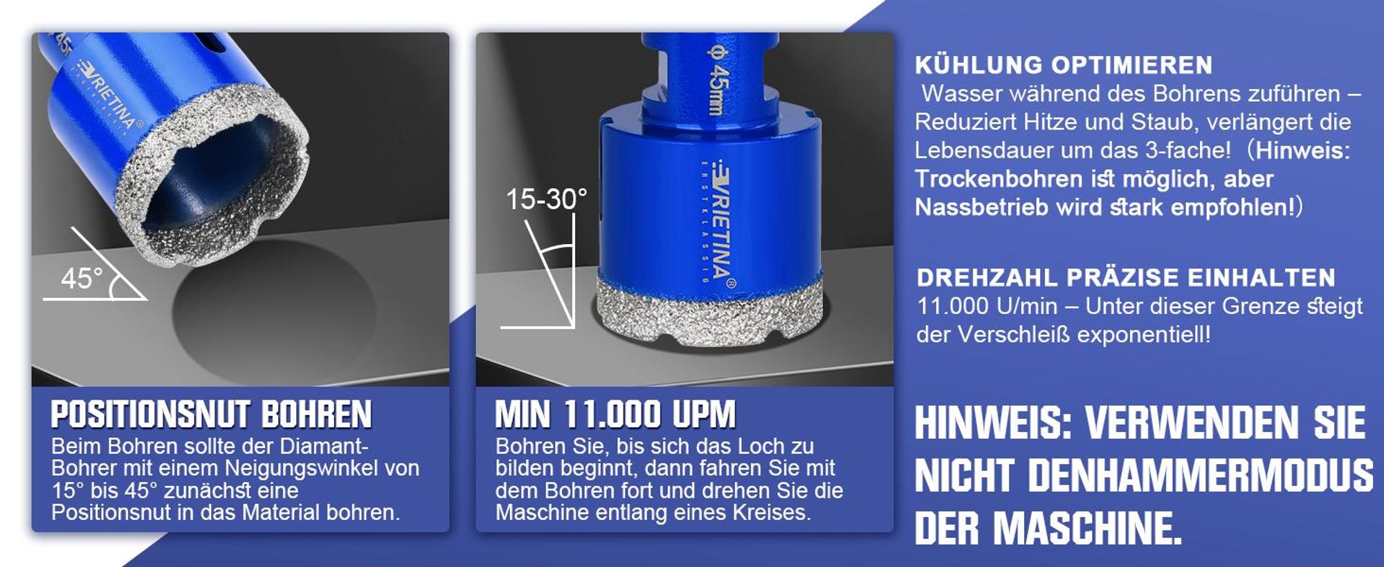8tlg M14 Fliesenbohrer Set 20/35/40/45/50/68mm + 2X Trennscheibe 125mm Diamantbohrer Lochsäge Glasbohrer in Porzellan Granit Marmor Feinsteinzeug