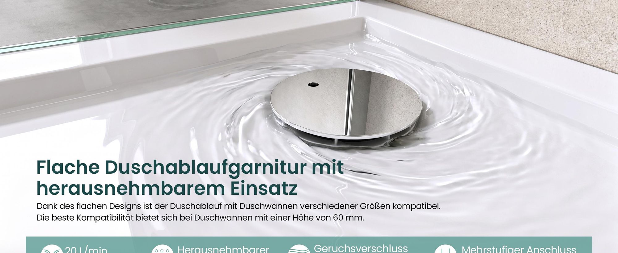Mai & Mai Ablaufgarnitur für eine Duschtasse  Ø 90mm Ablaufloch Abfluss Grau Durchmesser: ca.45mm Entleerungsleistung von 20L pro Minute AL005
