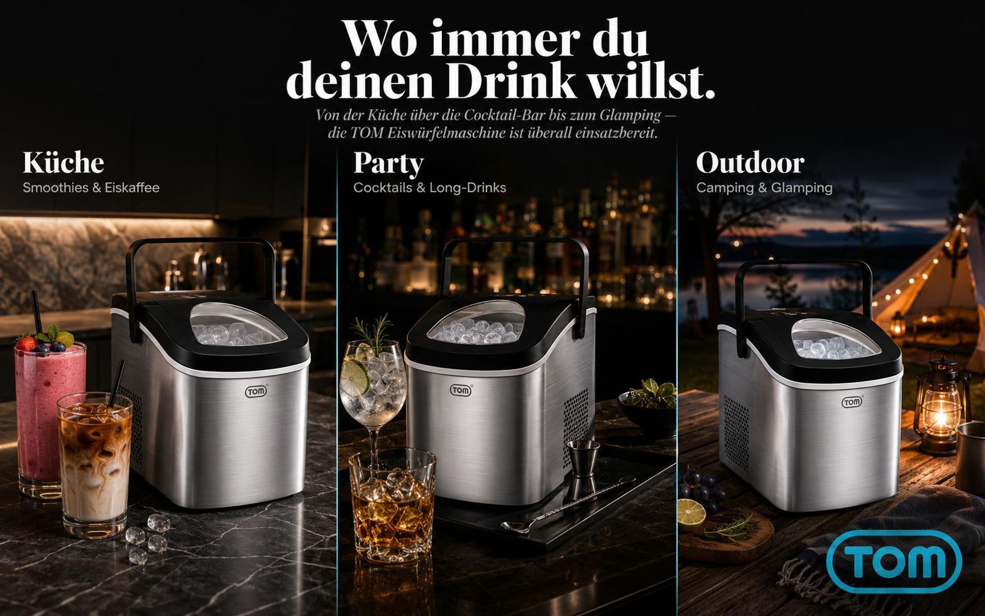 Eiswürfelmaschine Eiswürfelbereiter Edelstahl 1,3 Liter mit Eiszange TOM | 12kg / 24h | 2 Größen | LED-Display | Herausnehmbarer Eiswürfelkorb