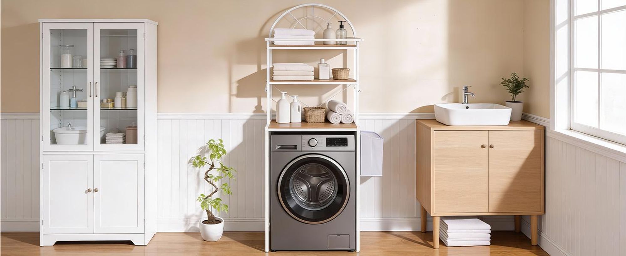Waschmaschinenregal mit 3 Ablagen, Toilettenregal Badezimmerregal Standregal, mit 1 Stoffaufbewahrungstasche, 64,5 x 40 x 190 cm, Weiß