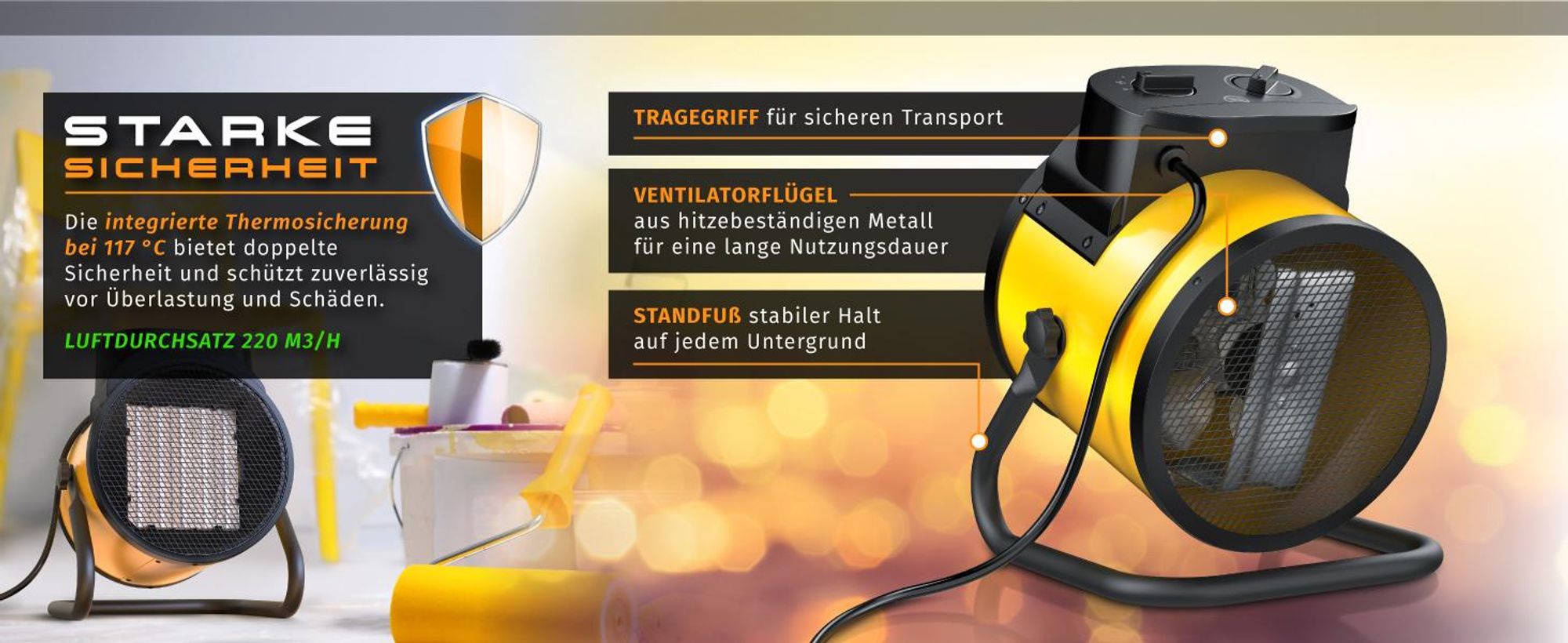 Brandson Baustellen-Heizlüfter, Bauheizer, 3000 W, Thermostat, 2 Heizstufen, 220 m³/h, PTC-Keramik, Metallgehäuse, Lüfterbetrieb, Thermosicherung