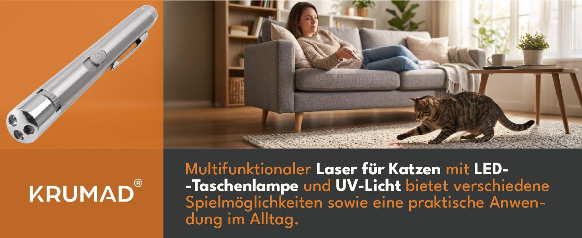 KRUMAD Laserpointer für Katzen, LED Katzenspielzeug 3 in 1 mit 3 Leuchtfarben, interaktives Spielzeug für Katzen, batteriebetriebener Laser