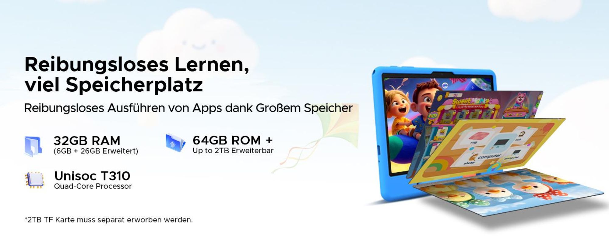 POCKAM P10 Kids 10.1" Tablet, Gemini AI, Android 16, 32(6+26)GB RAM+64GB ROM/TF 2TB, 7000mAh, WiFi Tablet für Kind mit Kindgerechte Hülle und Stift