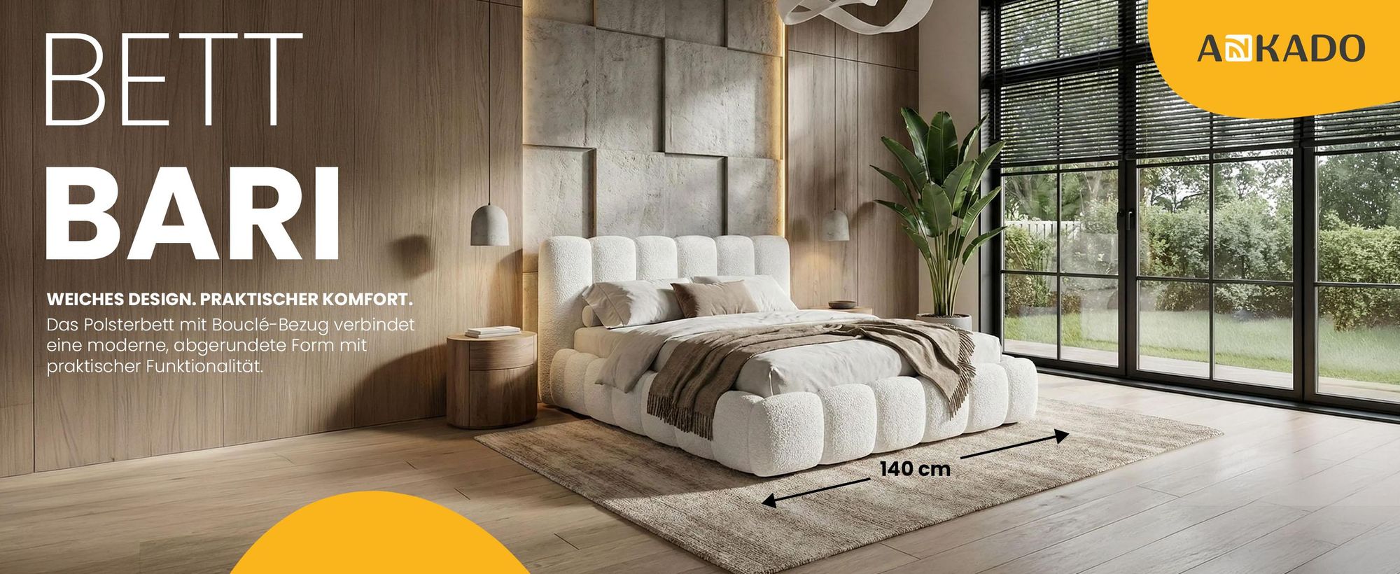 Polsterbett 140x200 cm - Bouclé Stoff - Weiß - mit Bettkasten und Stauraum - Quelle 01