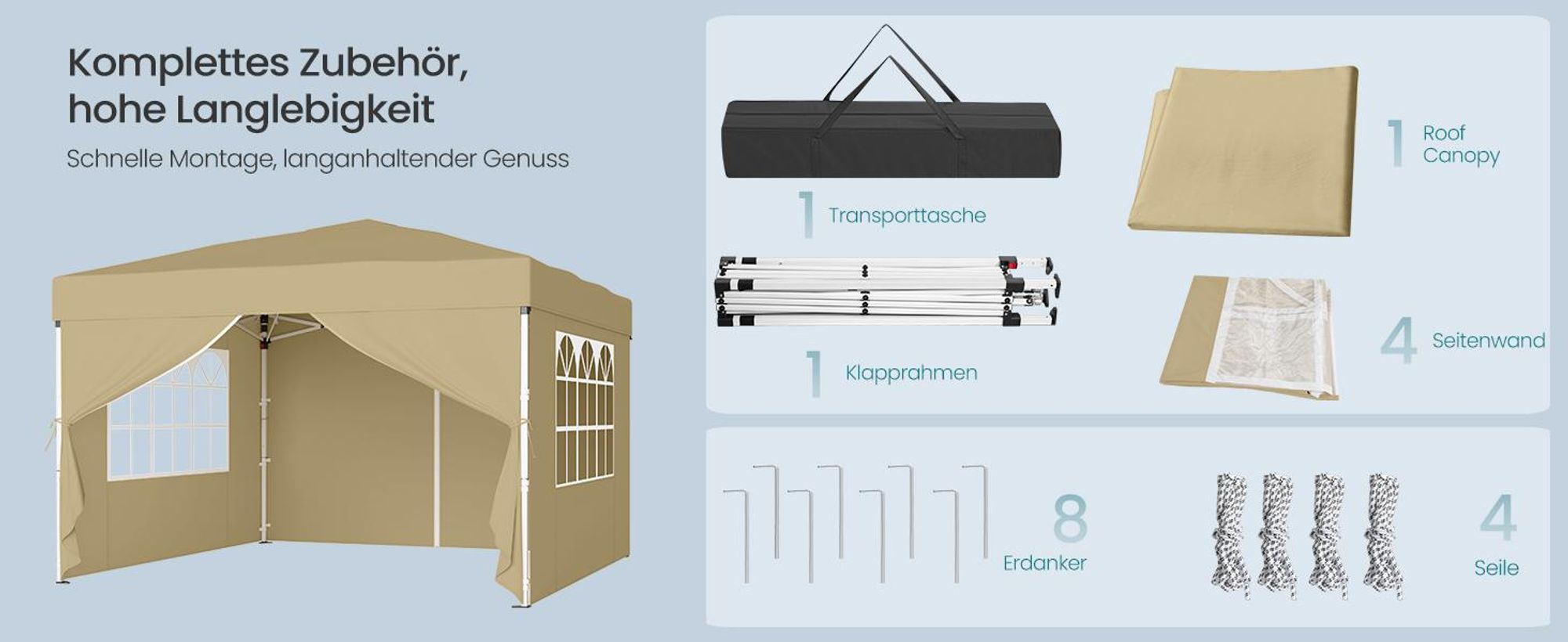 SONGMICS Faltzelt 3 x 3 m, mit Seitenwänden, stabil, tragbar, Pavillon für Garten, Hof, Markt, Sonnenschutz, beige