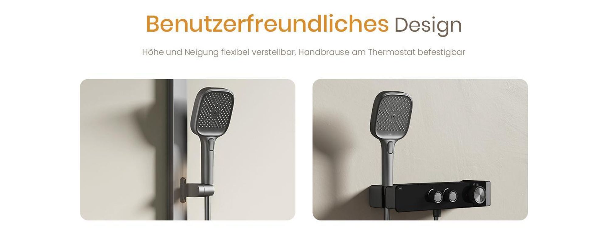 EMKE Duschsystem mit Thermostat geteilt Matt Anthrazit höhenverstellbar Duschstange 3 Strahlarten Handbrause Wasserfluss einstellen Flexibler Montage