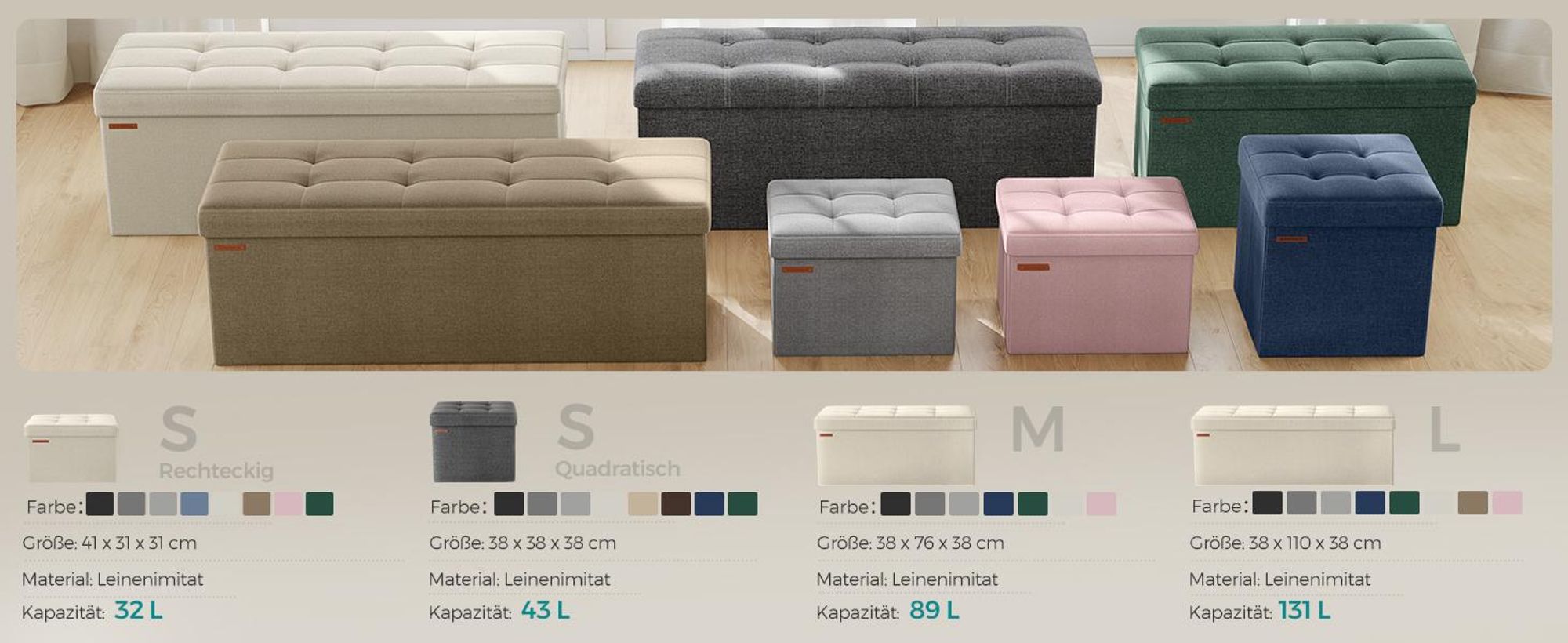 SONGMICS 110 cm Sitzbank mit Stauraum, klappbare Sitztruhe, Fußbank, beige