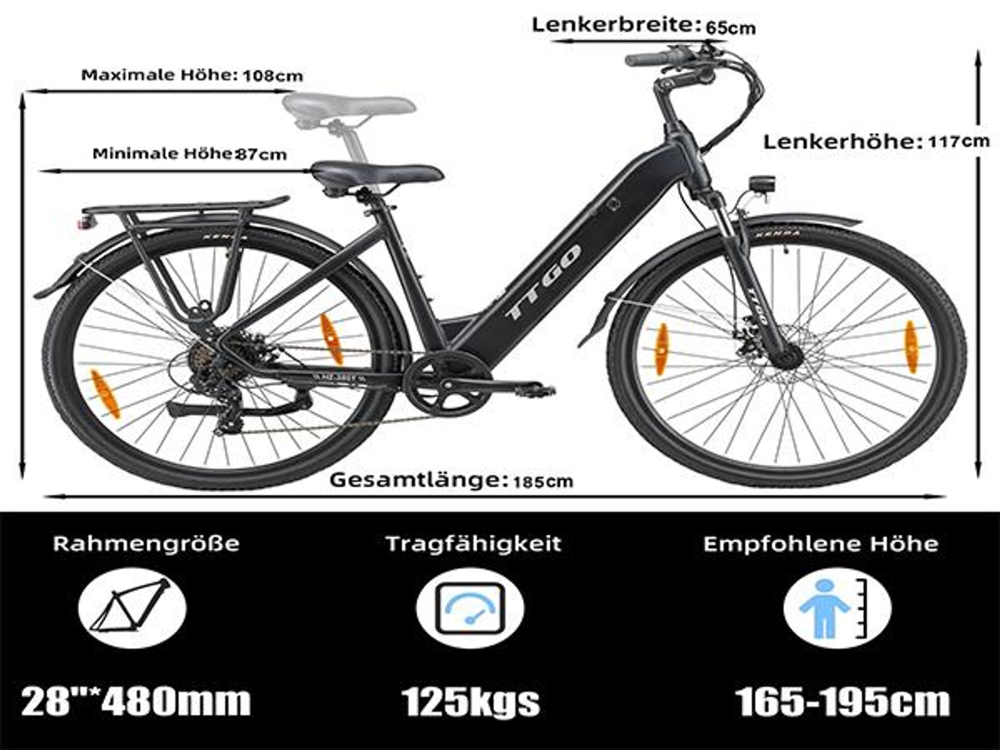 TTGO HZ-28ST E-Bike - 250W Motor 36V20AH Akku 28 Zoll Reifen Mechanische Scheibenbremsen - Schwarz