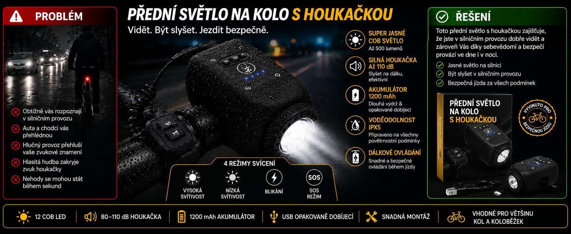 2 v 1 cyklistické světlo s krytím IPX5 a houkačkou o hlasitosti 110 dB, cyklistická lampa s baterií 1200 mAh a digitální houkačkou, cyklistické osvětlení Forne – LUMIHORN