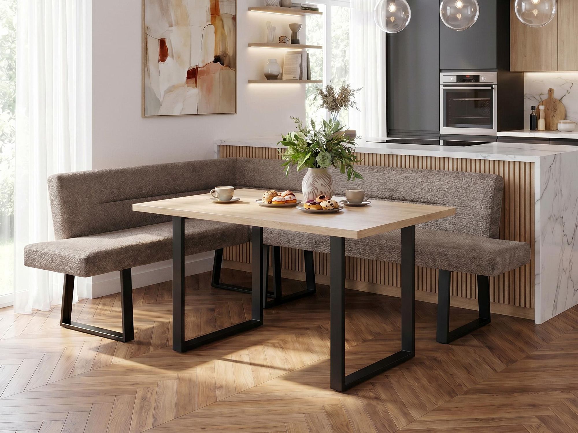 BEAUTYSOFA | Eckbank CRESTO Cappuccino Links, Polsterbank mit Rückenlehne, Eckbank für Esszimmer und Küche, schwarze Metallkufen, moderner Essplatz