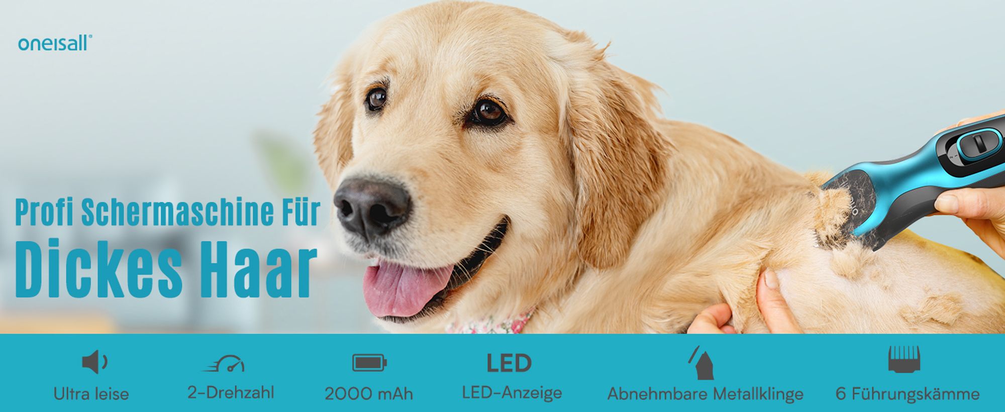 Oneisall Leise Hundeschermaschine, Profi Schermaschine Hund Katze mit 6 Aufsätze
