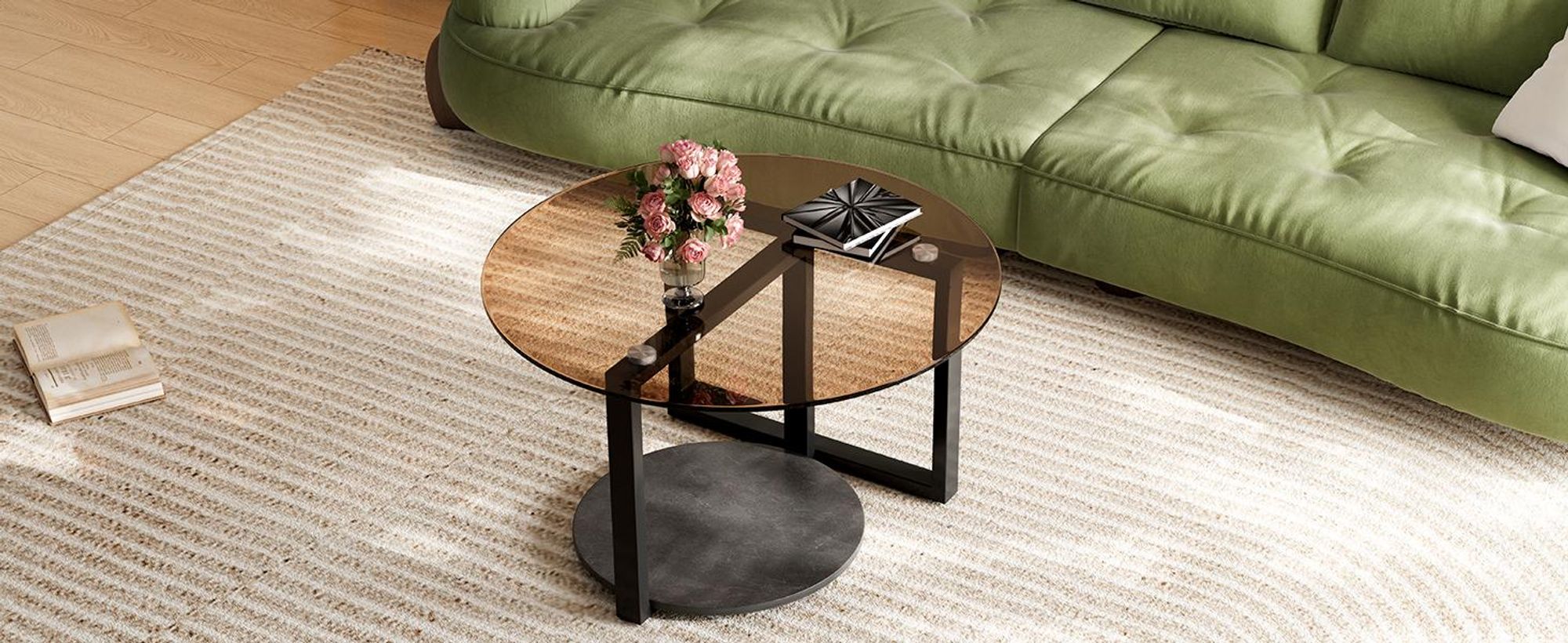 WISFOR Couchtisch mit Ablagen, Wohnzimmertisch aus Glas und Metall, 80 x 46,5 cm