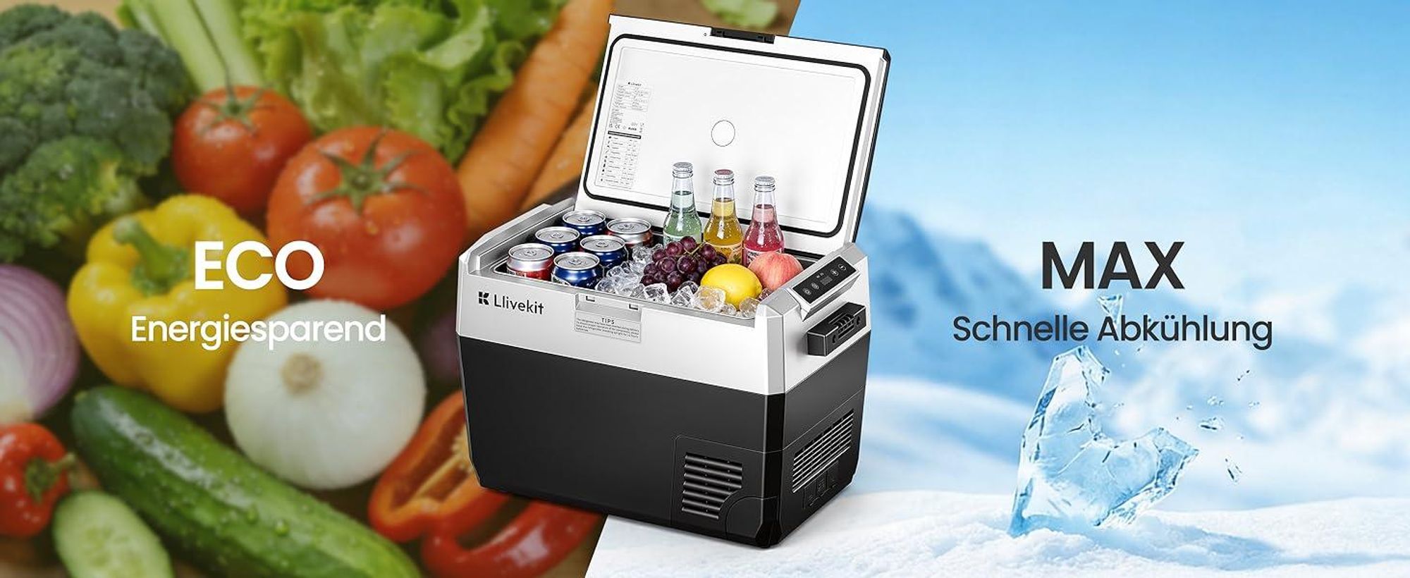 LLIVEKIT Kompressor Kühlbox 40L, -2020°C, Tragbarer Kühlschrank, 12/24V DC, 100-240V AC, Schwarz